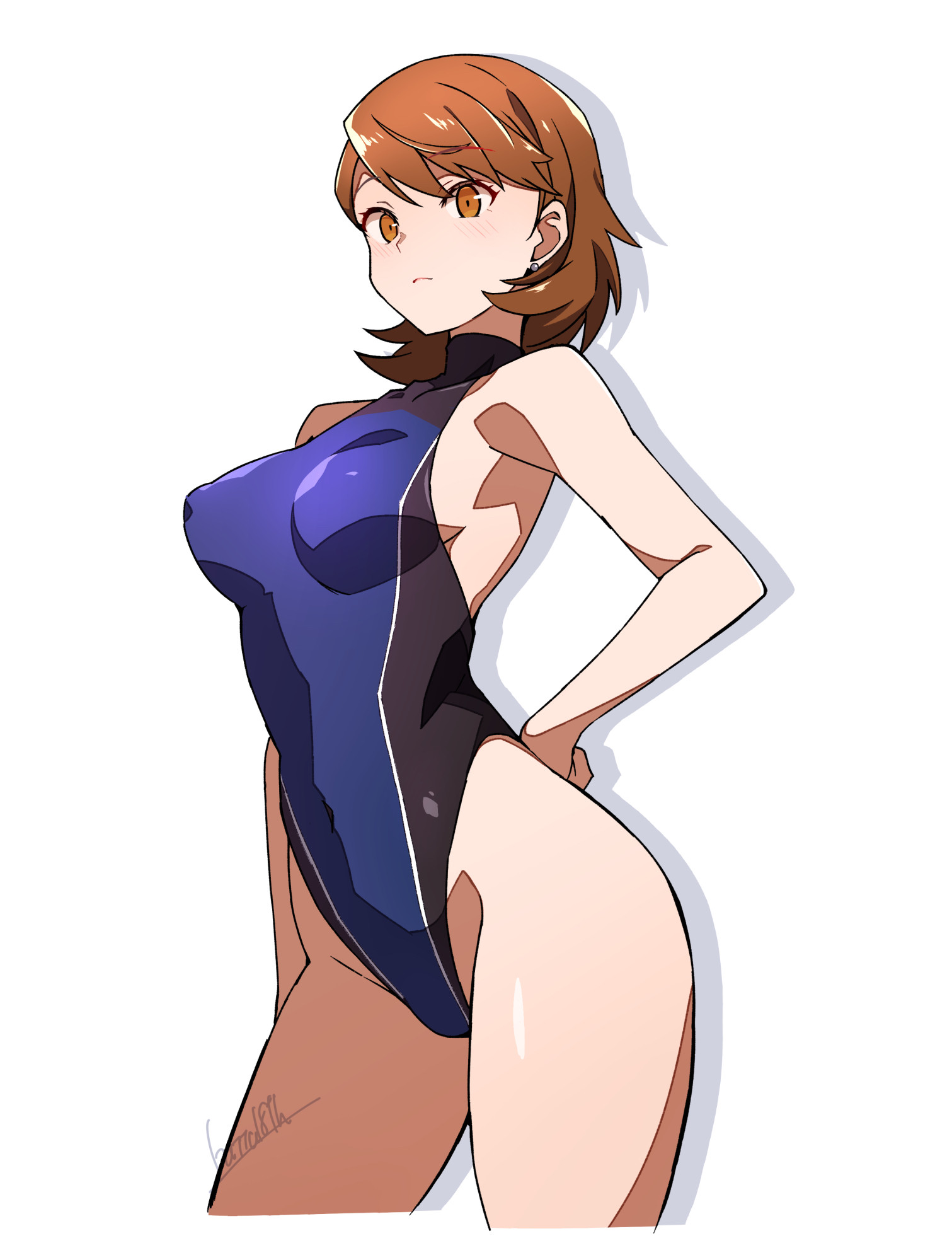 batta 16-sei, blue one-piece swimsuit, breasts, brown eyes, brown hair, covered navel, cowboy shot, female, hand on own hip, highleg, highleg one-piece swimsuit, highres, medium breasts, one-piece swimsuit, persona, persona 3, short hair, simple background, solo, standing, swimsuit, turtleneck, turtleneck one-piece swimsuit, white background, yukari takeba