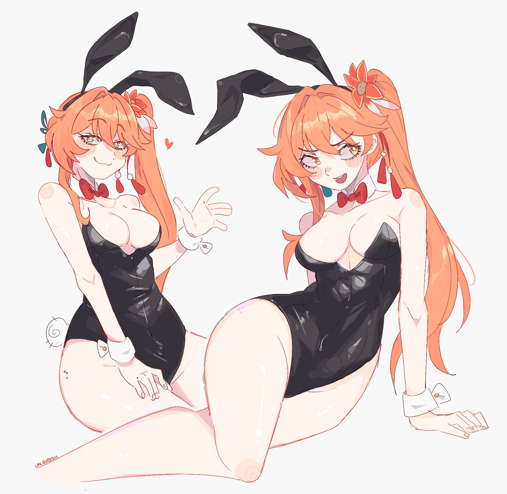 1girls, beauty mark, blush, blush lines, breasts, bunny costume, bunny tail, bunnysuit, cuffs (clothing), female, guinaifen (honkai: star rail), heart, infamcantaloupe, light skin, light-skinned female, looking at viewer, orange hair, pale skin, pale-skinned female, solo, unfamousradish, waving