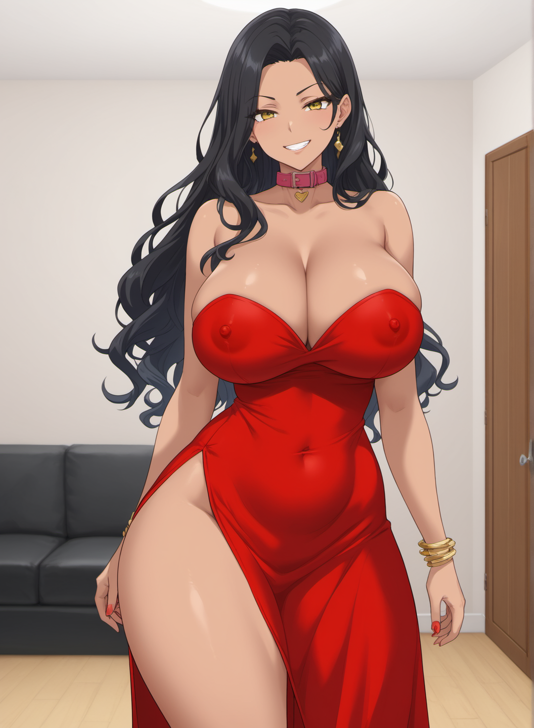 1woman, ai generated, assertive female, bare shoulders, black hair, breasts, cleavage, curvy hips, dark skin, dark-skinned female, dominant female, earrings, female, gold bracelet, hourglass figure, huge breasts, indoors, interior, interior background, kuro inazuma, large breasts, latina, living room, long hair, nipples visible through clothing, parted bangs, party dress, pink dog collar, ready for sex, ready to fuck, red dress, side slit, skimpy clothes, skimpy dress, solo, solo female, solo focus, thicc thighs, trophy wife, visible nipples, voluptuous, voluptuous female, wavy hair, wide hips, yellow eyes