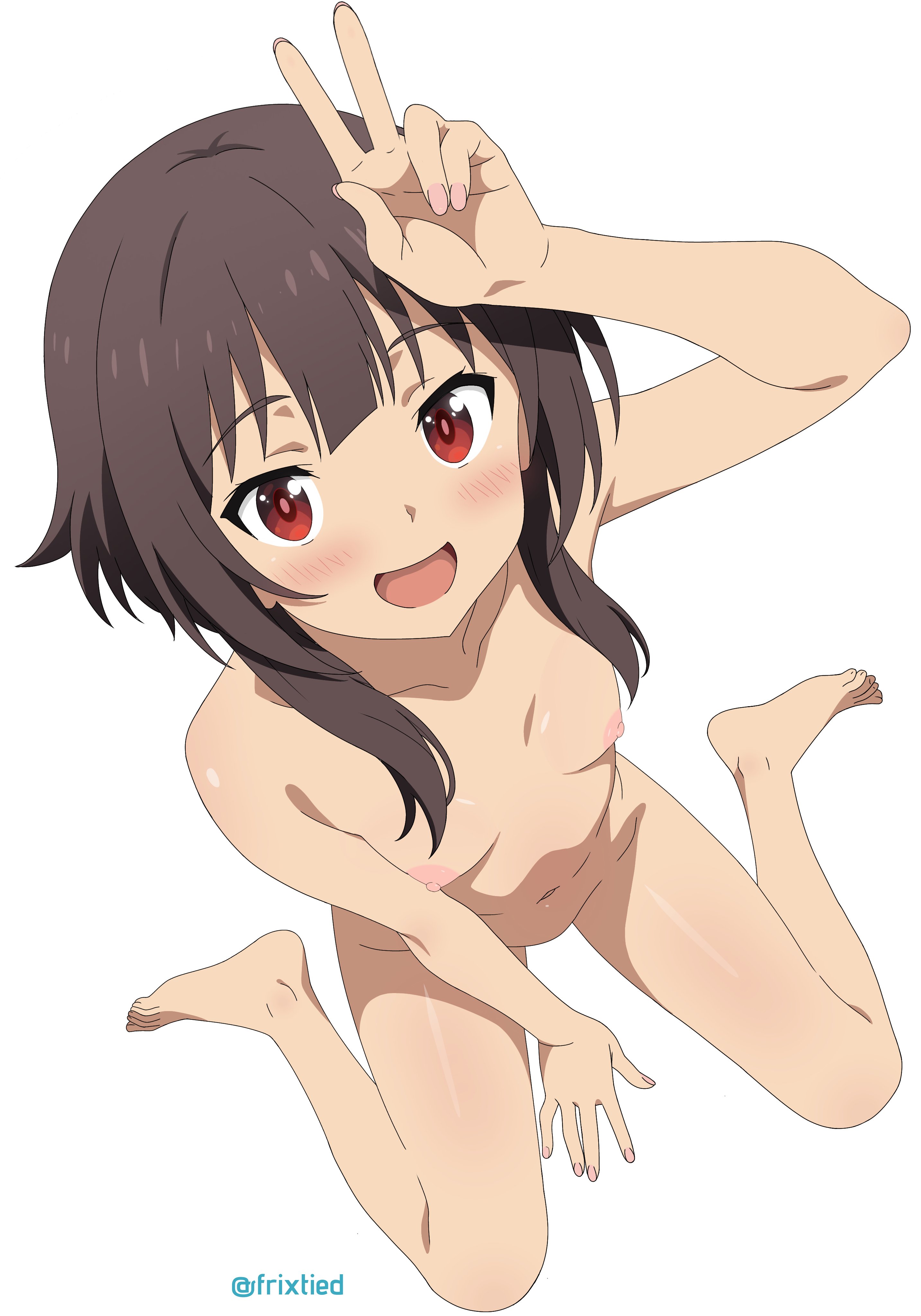 big nipples, brown hair, curvaceous, curvaceous female, curvaceous figure, curvy, curvy figure, curvy hips, female, female focus, female only, frixtied, kono subarashii sekai ni shukufuku wo!, long hair, looking at viewer, megumin, nipples, nude, nude female, red eyes, skinny, skinny female