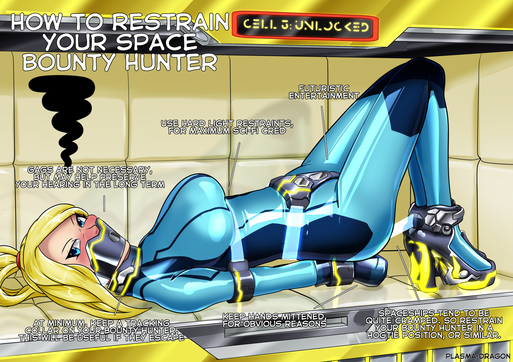 bondage, bondage mittens, collar, english text, frustrated, gagged, hogtie, metroid, nintendo, plasma-dragon, samus aran, sci-fi, tagme, zero suit samus