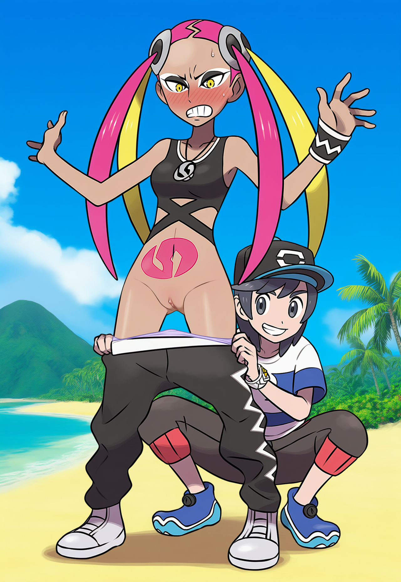 1boy, 1girls, accurate art style, ai generated, arms above head, assisted exposure, baggy pants, beach, blush, blush lines, elio (pokemon), embarrassed nude female, female, hairless pussy, hat, humiliation, male, nintendo, outdoors, pantsing, pink hair, plumeria (pokemon), pokemon, pokemon sm, pulling down pants, pussy, shaved crotch, shaved pussy, squatting, tattoo, team skull, yellow eyes, yellow highlights