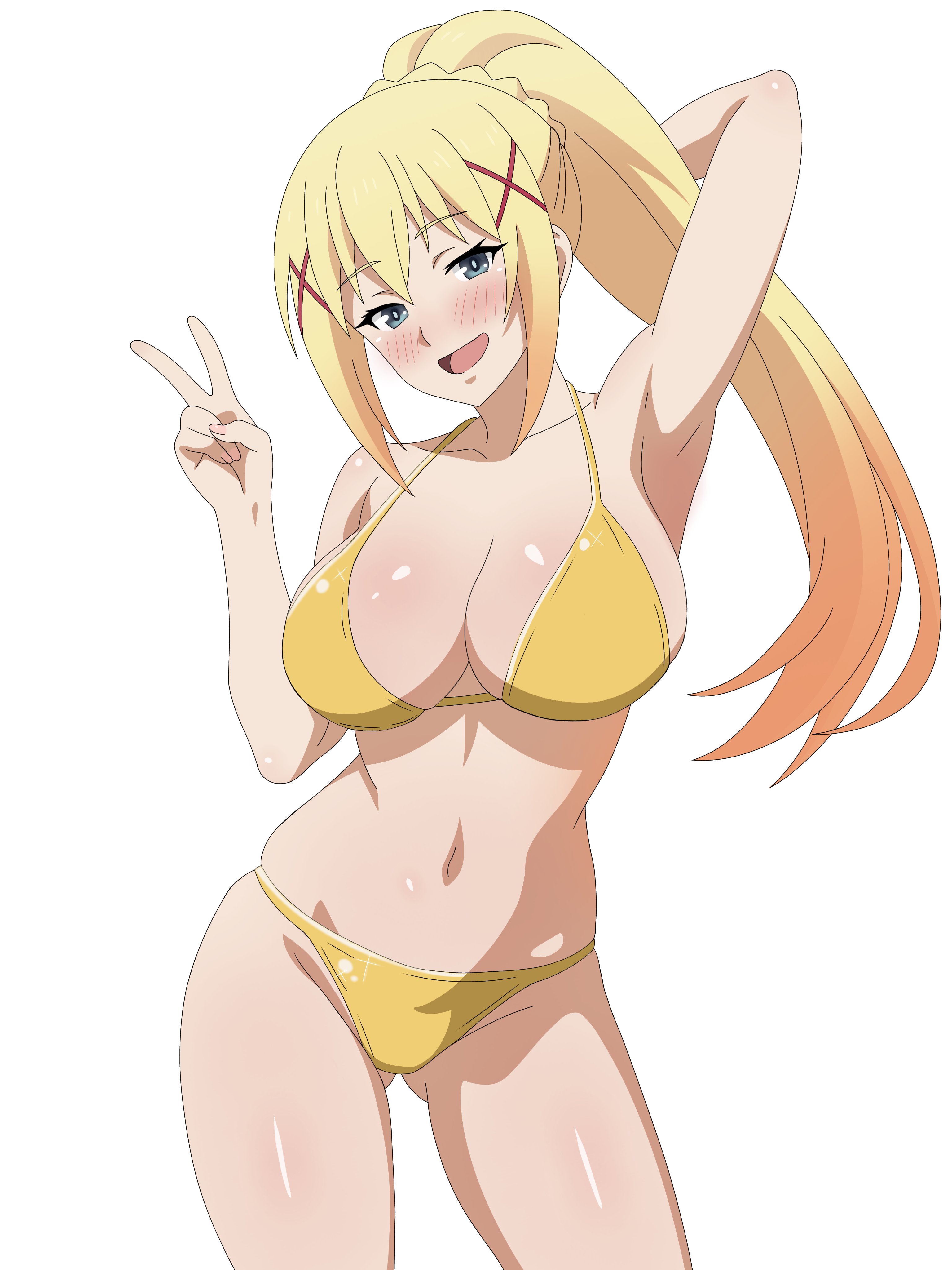 1girls, big breasts, bikini, bikini bottom, bikini top, blonde hair, blue eyes, blush, bottomwear, breasts, cleavage, darkness (konosuba), female, female only, frixtied, golden bikini, hair, hips, huge breasts, kono subarashii sekai ni shukufuku wo!, ponytail, solo, solo female, swimwear, thighs, topwear removed