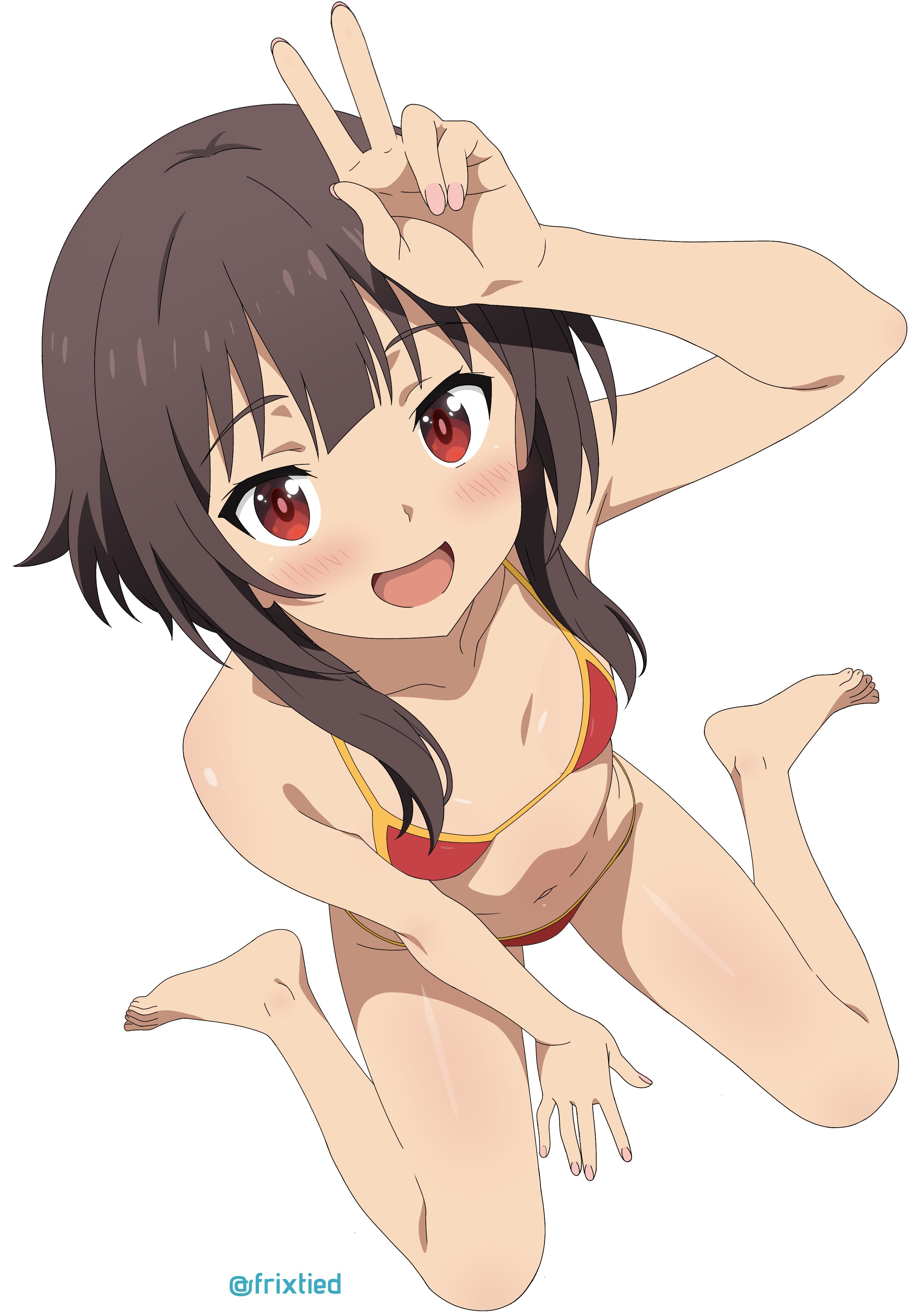 bikini, brown hair, curvaceous, curvaceous female, curvaceous figure, curvy, curvy figure, curvy hips, female, female focus, female only, frixtied, kono subarashii sekai ni shukufuku wo!, long hair, looking at viewer, megumin, red eyes, skinny, skinny female