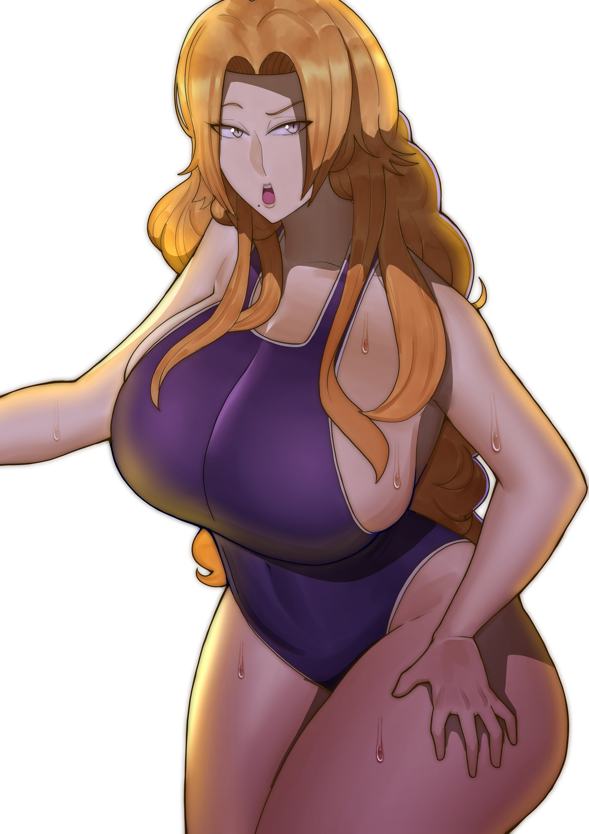 1girls, 2025, ass, big ass, big breasts, big butt, big thighs, bleach, breast focus, breast squish, breasts, dimple, dimples, doublehero, female, female focus, female only, gigantic thighs, glistening, glistening ass, glistening body, glistening butt, glistening skin, hand on hip, huge ass, huge breasts, huge butt, huge thighs, large ass, large breasts, large butt, large thighs, light skin, light-skinned female, long hair, looking at viewer, matsumoto rangiku, mouth, mouth open, orange hair, pale skin, pale-skinned female, shiny ass, shiny breasts, shiny butt, shiny hair, shiny skin, side ass, sideass, solo, solo female, solo focus, sweat, sweating, sweating female, swimsuit, thick thighs, thighs
