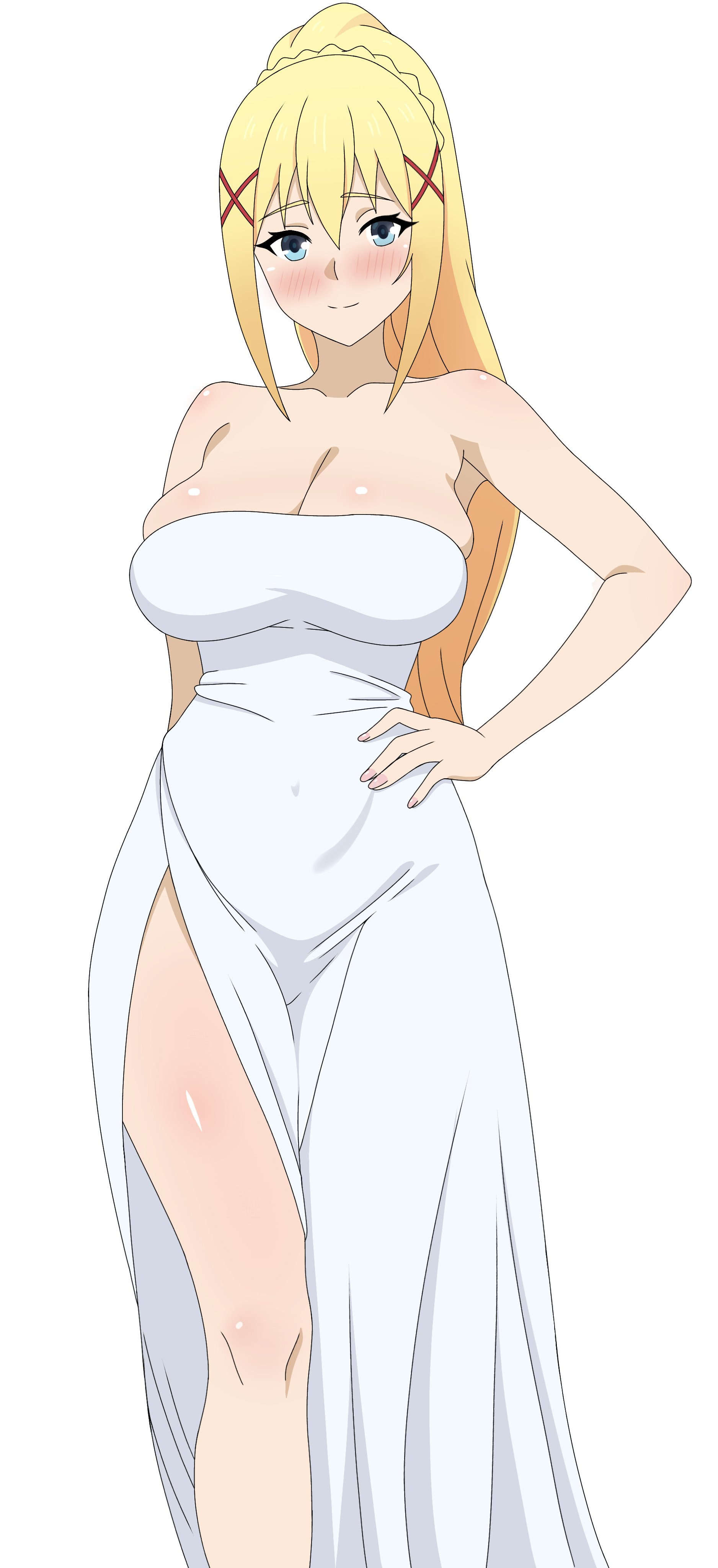 1girls, alternate costume, big breasts, big thighs, big titties, blonde hair, blue eyes, blush, breasts, bursting breasts, busty, cleavage, clothing, confident, covered navel, curvaceous, curvaceous female, curvaceous figure, curvy, curvy figure, curvy hips, darkness (konosuba), dress, female, female focus, female only, frixtied, hand on hip, highres, kono subarashii sekai ni shukufuku wo!, large breasts, legs, long hair, looking at viewer, ponytail, pose, posing, sensual, sexy, sexy pose, smile, solo, thighs, voluptuous, white dress, yellow hair