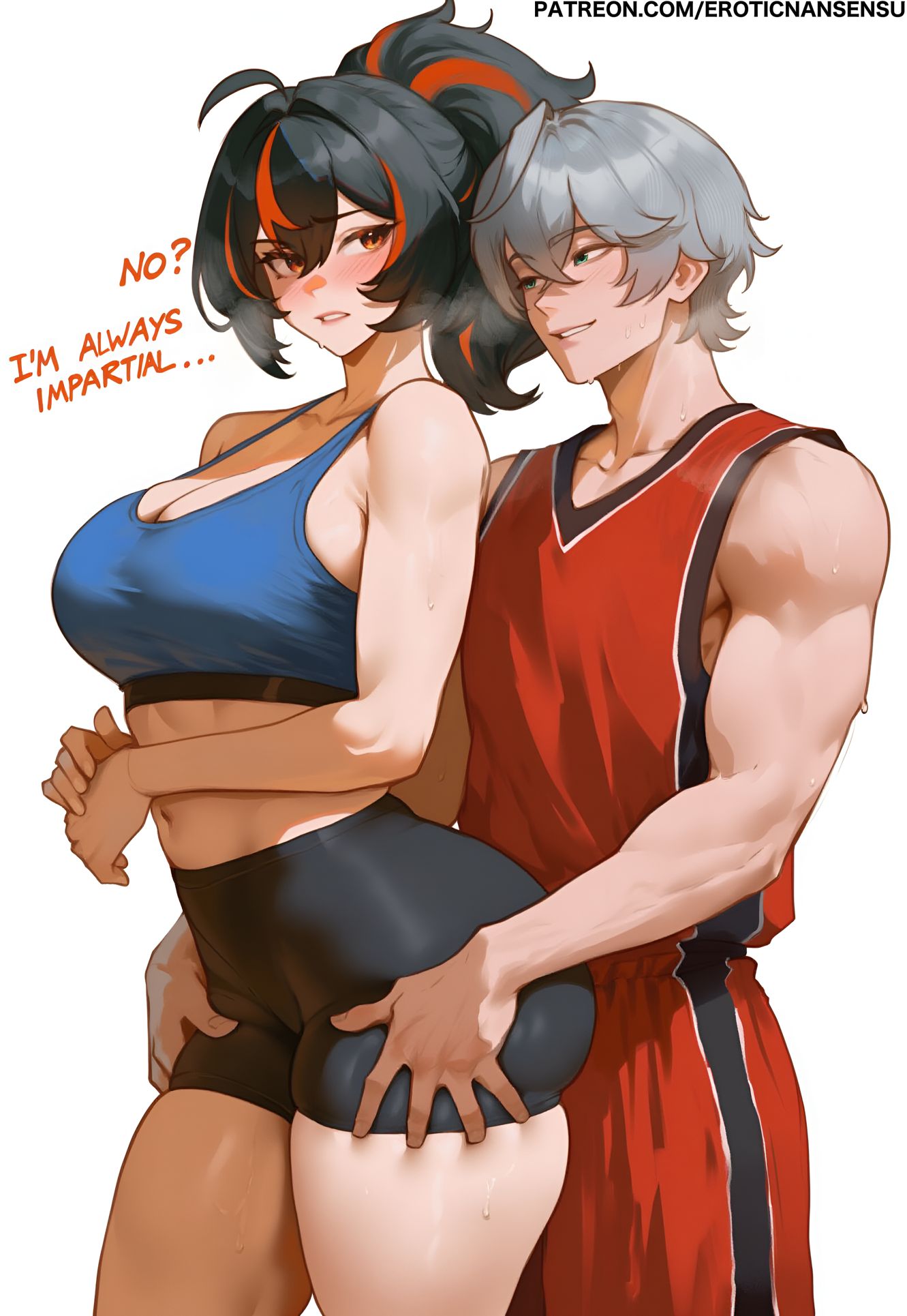 1boy, 1girls, 2025, 2d, 2d (artwork), ai assisted, ai generated, artist name, ass, breasts, cleavage, color, english text, erotic nansensu, female, large breasts, light skin, light-skinned female, male, patreon, patreon username, text, thick thighs, thigh grab, thighs, watermark, wide hips, wise (zenless zone zero), zenless zone zero, zhu yuan