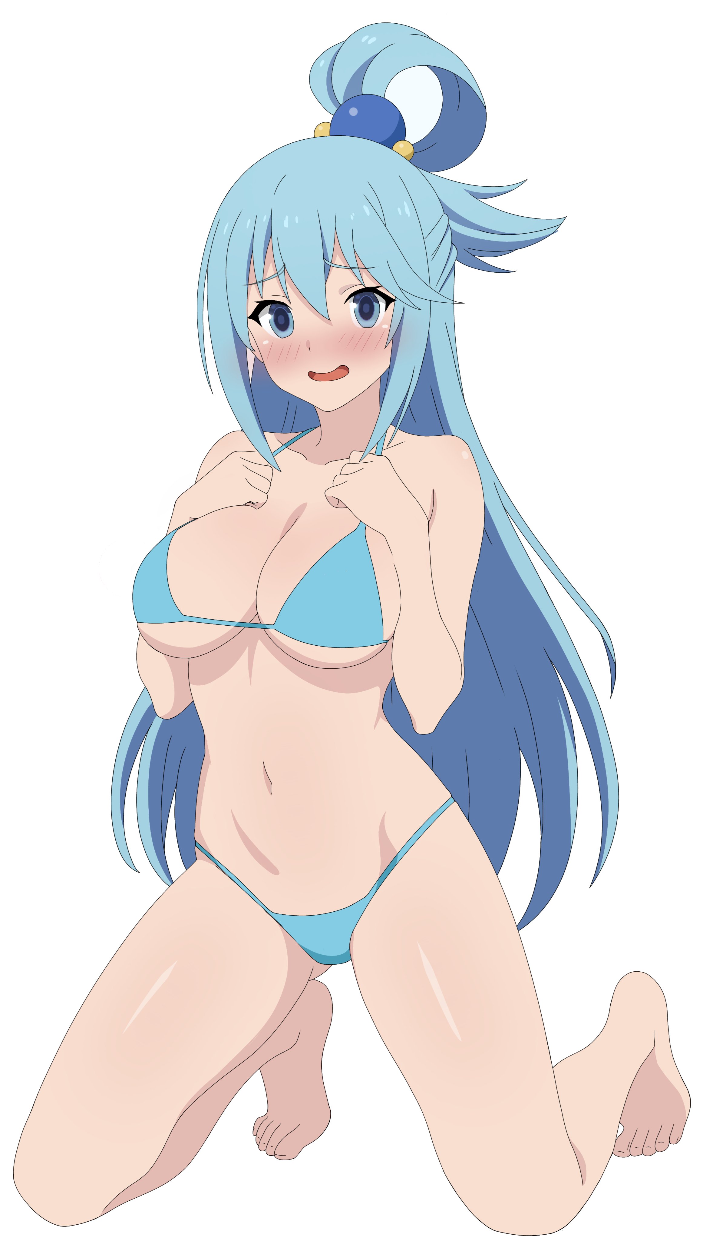 aqua (konosuba), ass, big ass, big breasts, big butt, big thighs, big titties, blue hair, blush, breasts, curvaceous, curvaceous female, curvaceous figure, curvy, curvy figure, curvy hips, female, female focus, female only, frixtied, kono subarashii sekai ni shukufuku wo!, long hair, nipples covered, nipples visible through clothing