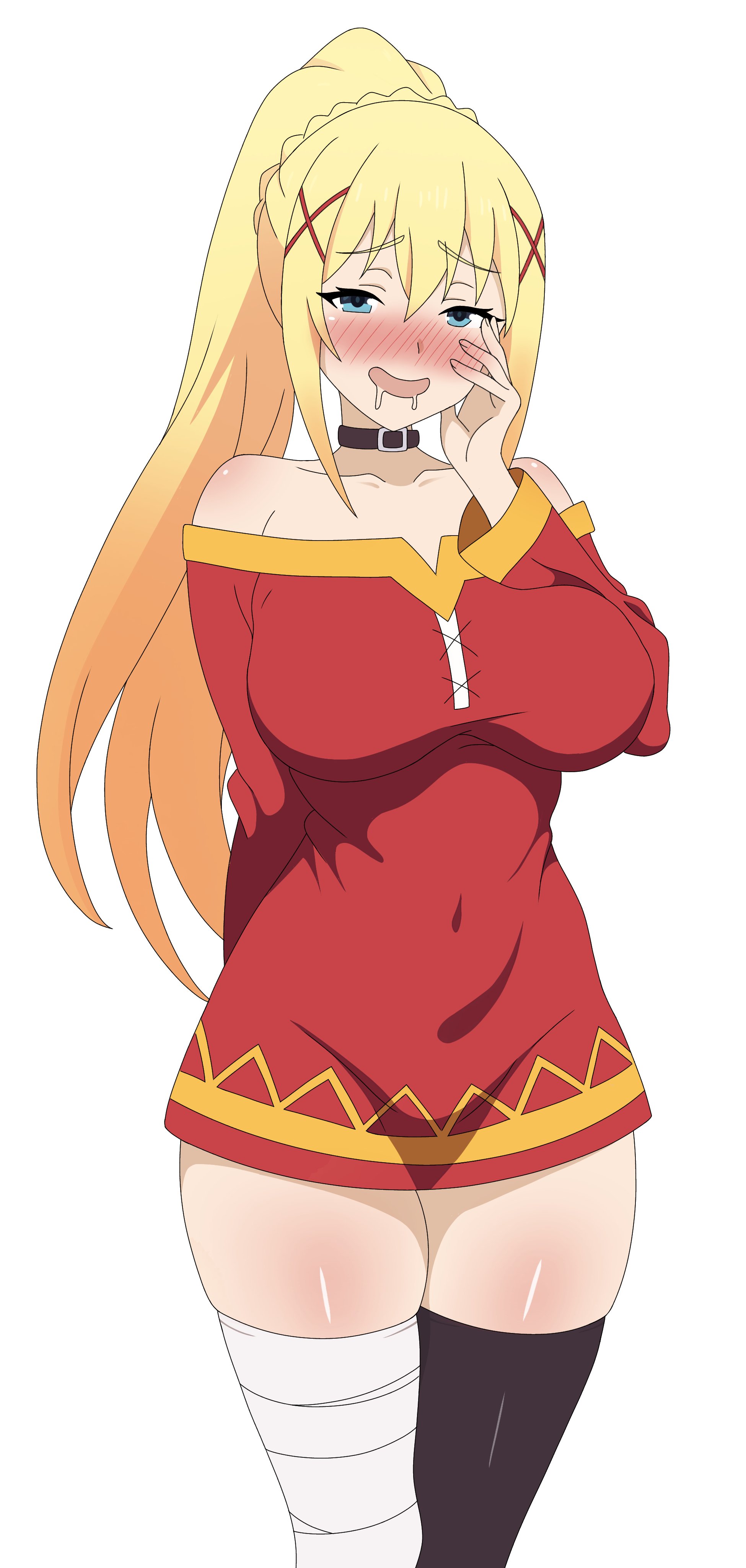 ass, big ass, big breasts, big butt, big thighs, big titties, breasts, canonical scene, clothing, curvaceous, curvaceous female, curvaceous figure, curvy, curvy figure, curvy hips, darkness (konosuba), dress, female, female focus, female only, frixtied, kono subarashii sekai ni shukufuku wo!, konosuba, long hair, looking at viewer, megumin (cosplay), yellow hair