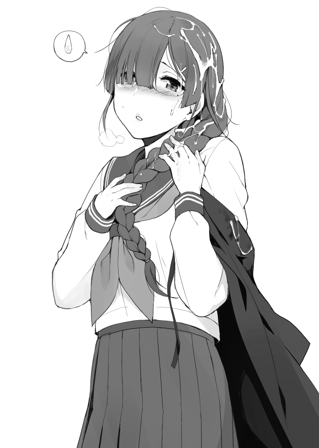 blush braid chinpo_man cum cum_on_clothes cum_on_hair glasses hair_over_one_eye hyouka juumonji_kaho long_hair monochrome school_uniform serafuku skirt