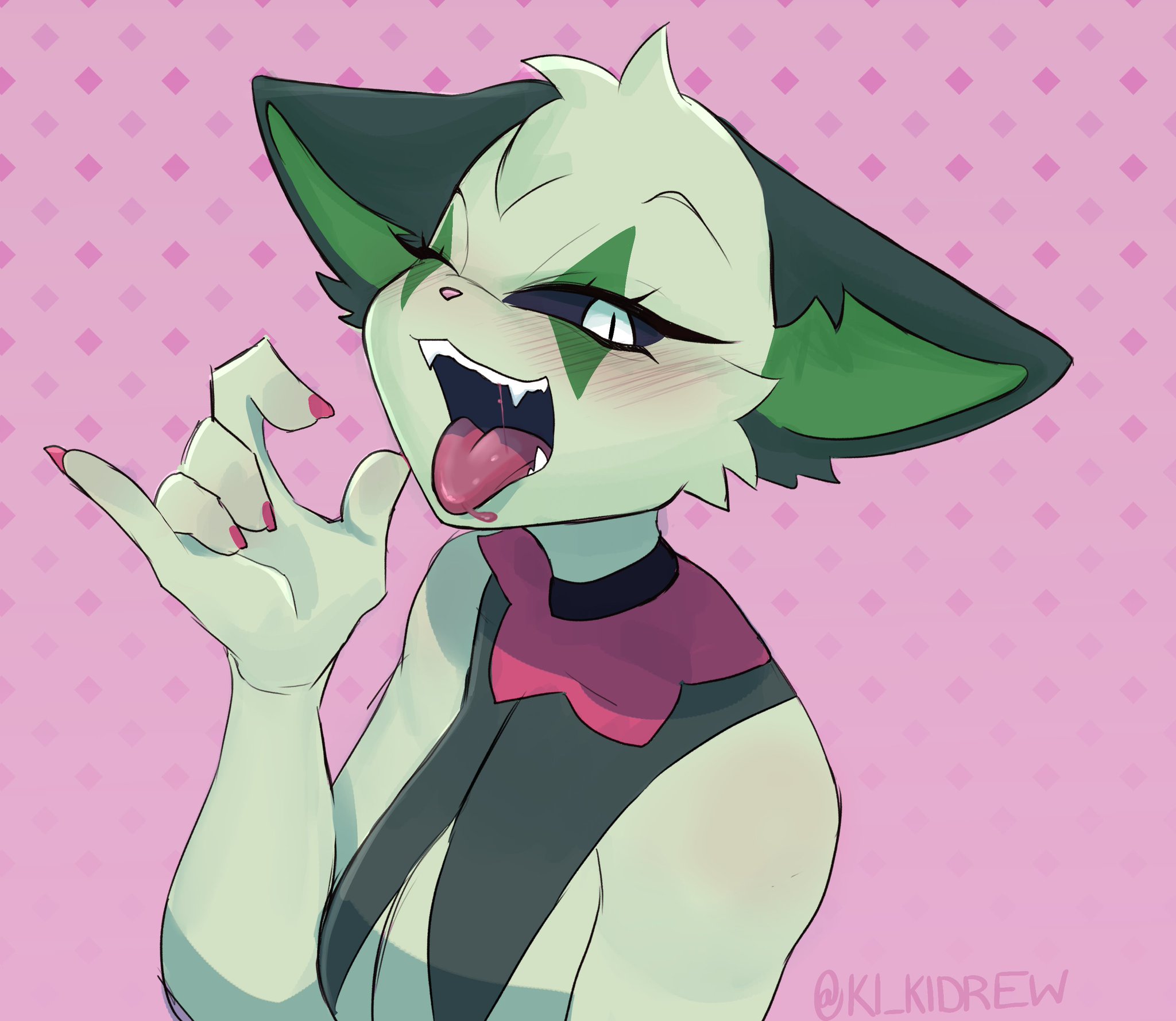 1girls, 2025, 2d, 2d (artwork), 2d artwork, 5 fingers, absurd res, absurdres, anthro, anthro female, anthro only, anthrofied, artist name, artist signature, black sclera, breasts, cat, cat ears, cat girl, cat humanoid, catgirl, critters (poppy playtime), digital art, digital drawing, digital drawing (artwork), digital media, digital media (artwork), digital painting, digital painting (artwork), eyelashes, fang, fangs, felid, feline, felis, fellatio gesture, female, female anthro, female focus, female only, fingers, fur, furry, furry female, furry only, game freak, gesture, gesturing at viewer, green body, green fur, green inner ear, hi res, ivy (ki kidrew), ki kidrew, looking at viewer, mammal, maskless meowscarada, meowscarada, mob entertainment, mob games, nintendo, no humans, oc, one eye closed, open mouth, pink background, pokemon, pokemon (franchise), pokemon (game), pokemon (species), pokemon sv, pokemorph, poppy playtime, poppy playtime (chapter 3), saliva, saliva on tongue, signature, smiling critters, solo, solo female, solo focus, teeth, tongue, tongue out, white eyes, white pupils