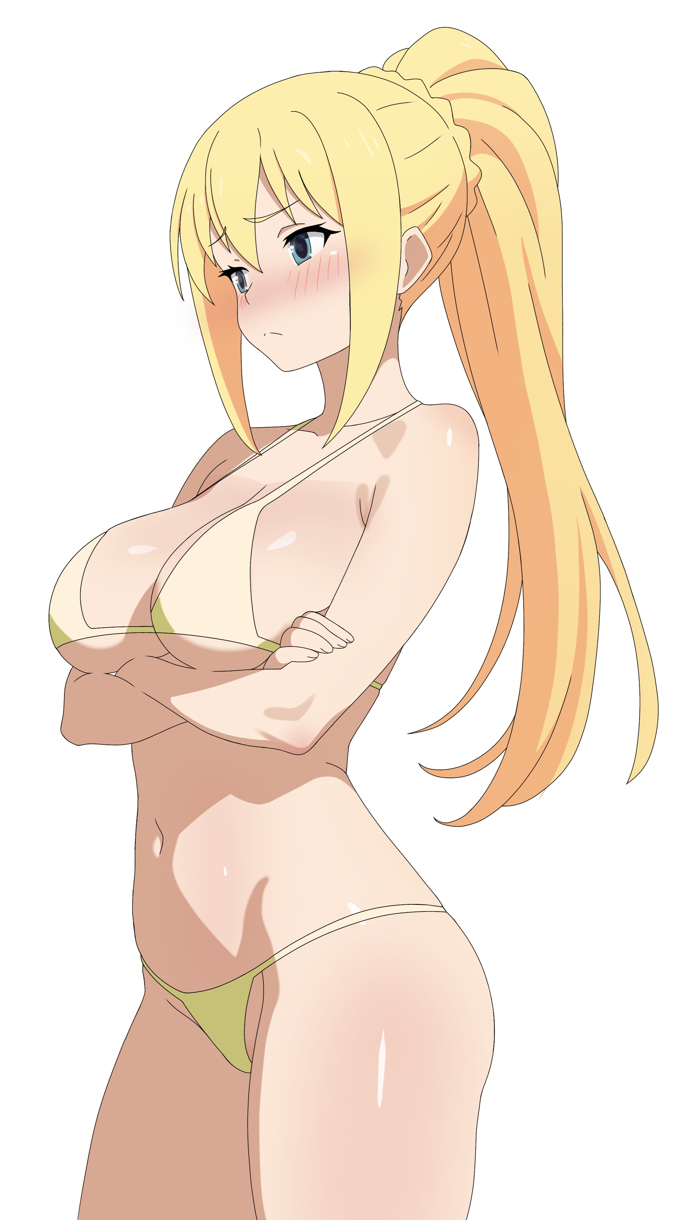 1girls, big breasts, bikini, bikini bottom, bikini top, blonde hair, blue eyes, blush, bottomwear, breasts, cleavage, darkness (konosuba), female, female only, frixtied, hair, hips, huge breasts, kono subarashii sekai ni shukufuku wo!, ponytail, solo, solo female, swimwear, thighs, topwear removed
