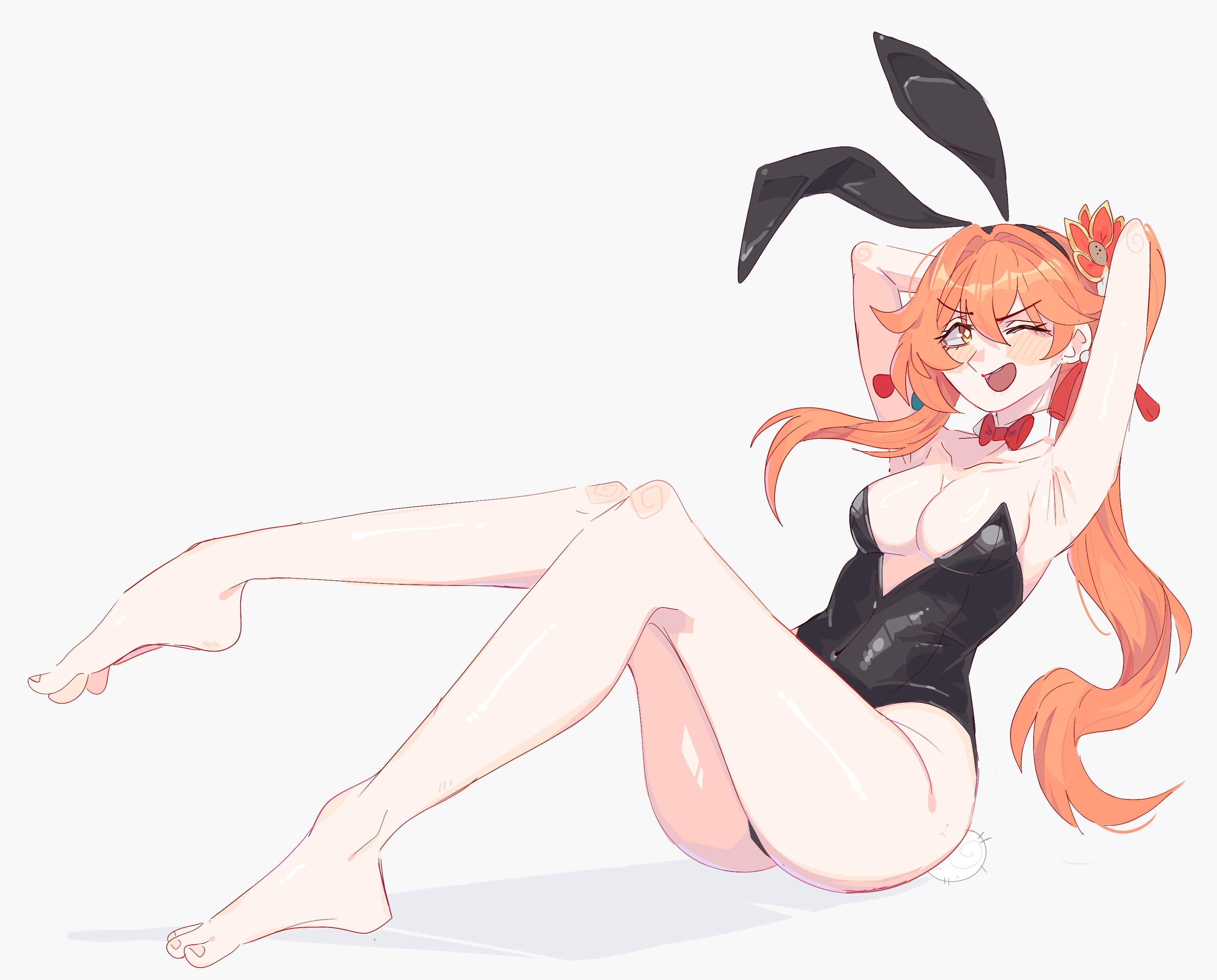 1girls, blush, blush lines, breasts, bunny costume, bunny ears, bunnysuit, female, guinaifen (honkai: star rail), honkai: star rail, hoyoverse, infamcantaloupe, light skin, light-skinned female, looking at viewer, orange hair, solo, solo female, unfamousradish, white skin, wink