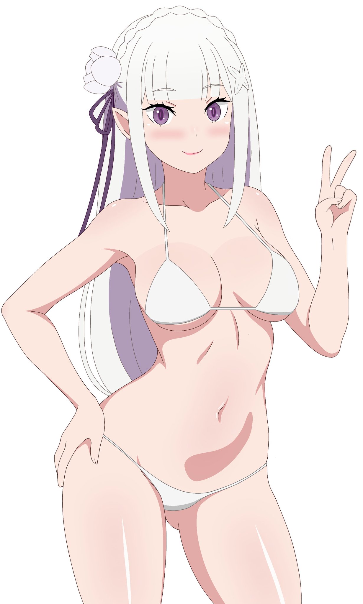 1girls, belly, bikini, blush, breasts, breasts apart, curvaceous, curvaceous female, curvaceous figure, curvy, curvy figure, curvy hips, elf, elf ears, elf female, emilia (re:zero), female, female focus, frixtied, half naked, hips, looking at viewer, lying on back, purple eyes, re:zero kara hajimeru isekai seikatsu, silver hair, solo, swimsuit, thighs