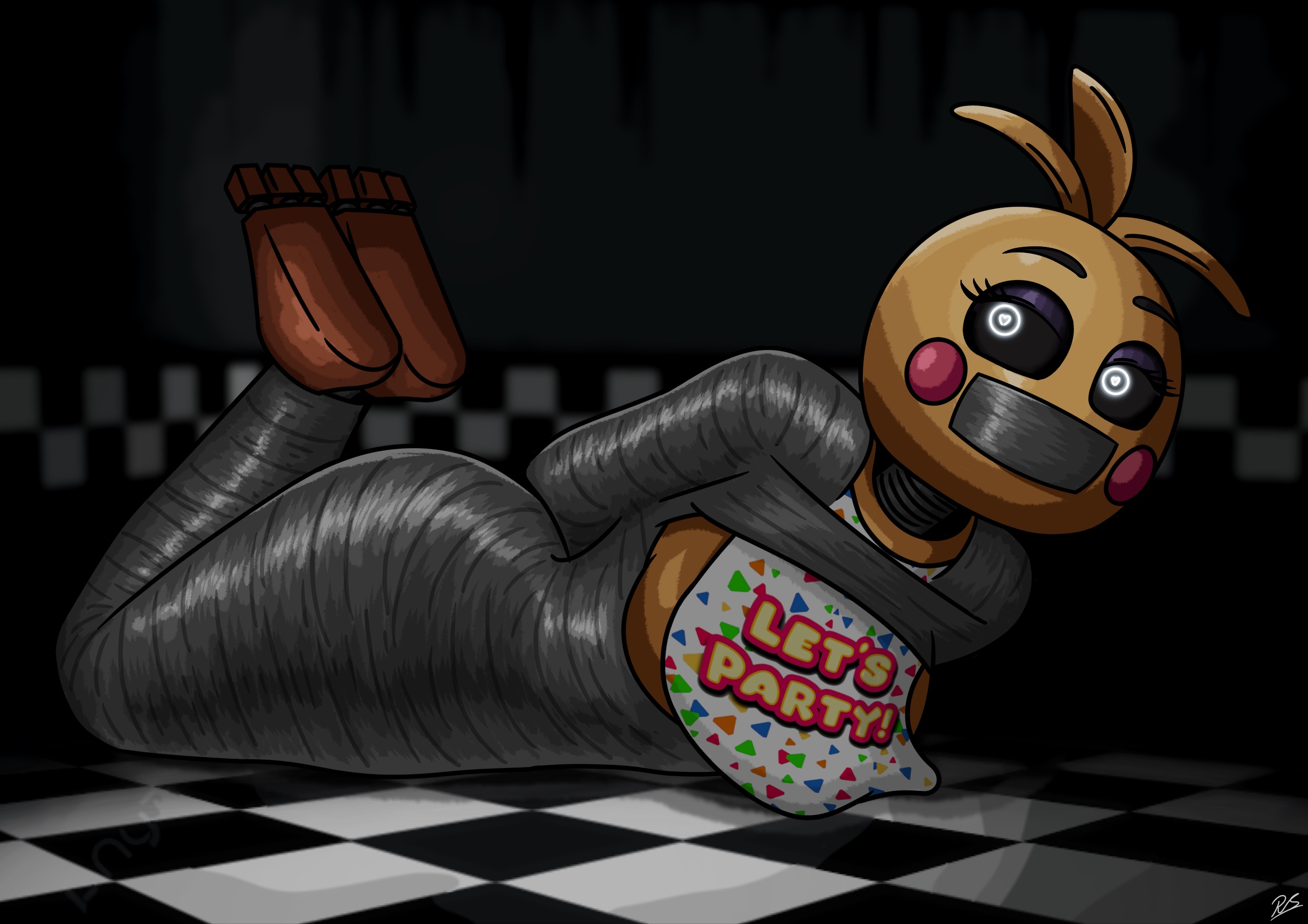 1girls, animatronic, animatronic female, bondage, chicken, chicken girl, duct tape, female, five nights at freddy's, five nights at freddy's 2, mummification, phasianid, randomstuff3000, robot, robot girl, scottgames, solo, tape bondage, taped mouth, toy chica (fnaf), toy chica (love taste)
