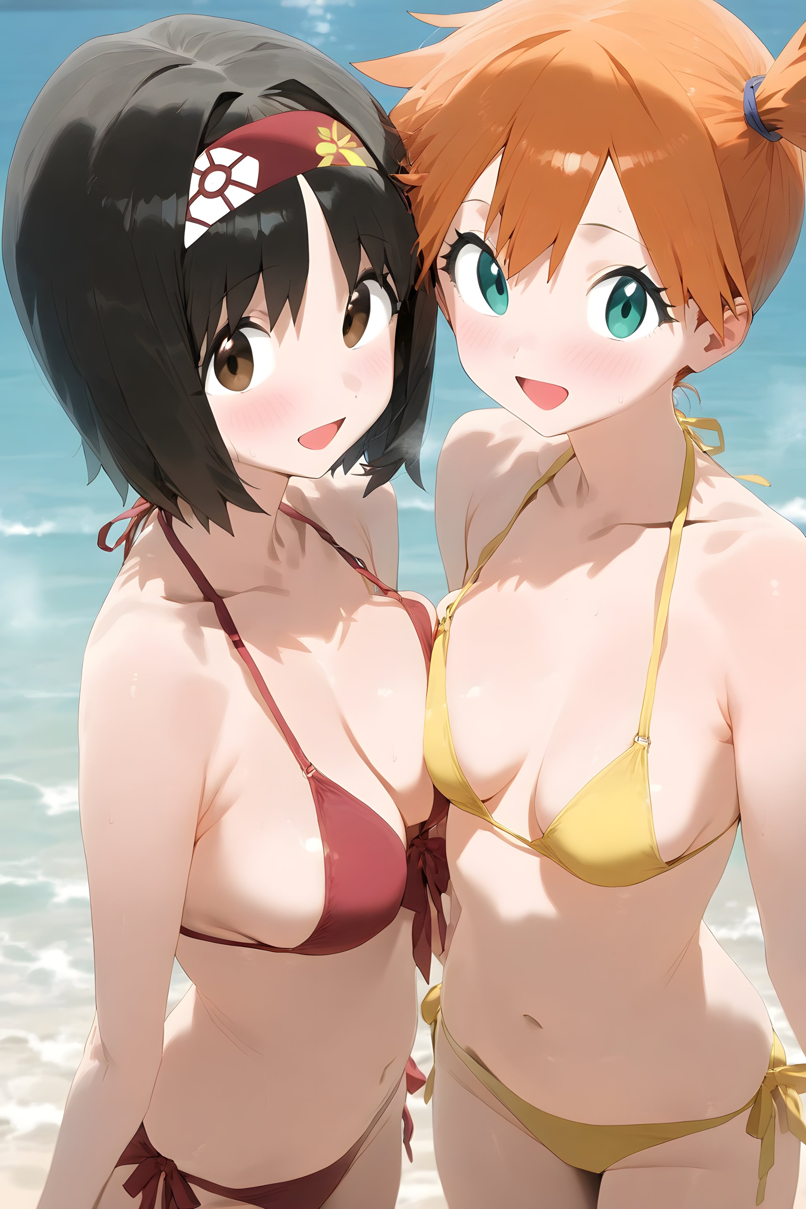 :d, 2girls, ai generated, aqua eyes, asymmetrical docking, asymmetrical hair, bangs, bare arms, bare shoulders, beach, bikini, bikini bottom, bikini top, black hair, blue sky, blush, breast press, breast-to-breast, breasts, brown eyes, clavicle, cleavage, clothing, cloud, day, erika (pokemon), female, female only, front-tie bikini top, front-tie top, green eyes, gym leader, hairband, halterneck, headwear, kasumi (pokemon), large breasts, looking at viewer, medium breasts, multiple females, multiple girls, navel, ocean, open mouth, open-mouth smile, orange hair, outdoors, pokemon, pokemon character, ponytail, red bikini, red hairband, red swimsuit, shiny skin, short hair, side ponytail, side-tie bikini, side-tie bikini bottom, side-tie clothing, side-tie swimsuit, sky, small breasts, smile, standing, stomach, string bikini, swimsuit, thighs, tied hair, water, yellow bikini, yellow swimsuit