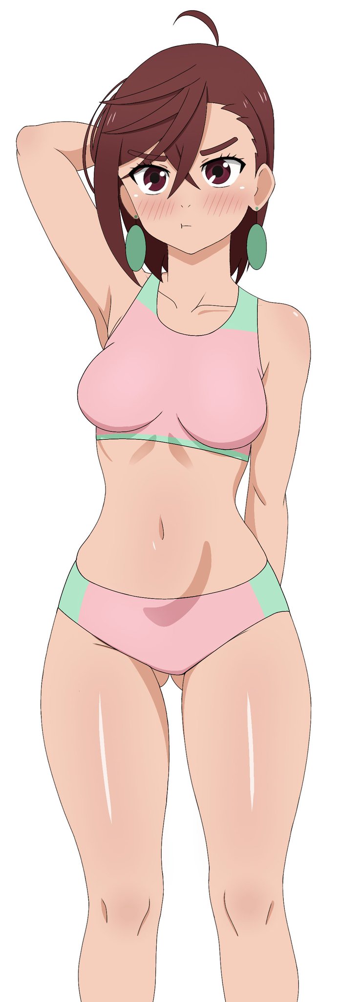 1girls, ayase momo, belly button, big breasts, big thighs, big titties, blush lines, breasts, brown eyes, brown hair, brown-haired female, bushy eyebrows, clothing, collarbone, crossed bangs, curvaceous, dandadan, eyebrows visible through hair, female, female focus, female only, frixtied, looking at viewer, medium hair, pendant earring, pouting, simple background, white background