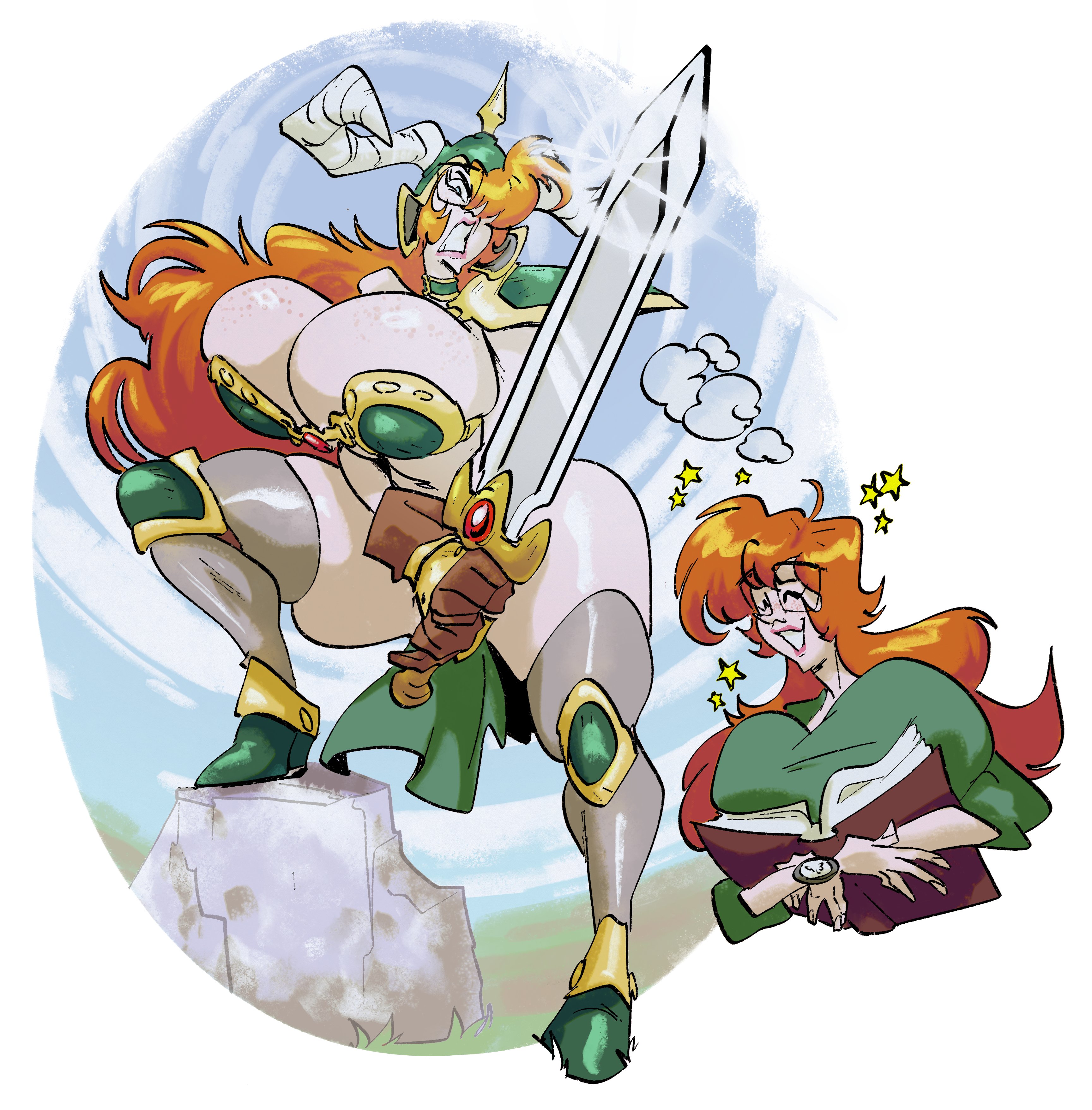 1girls, armor, barbarian, bikini armor, breasts, brown gloves, clenched teeth, female, gloves, huge breasts, imagining, long hair, ms. sharon, original, red hair, slb, smile, sword, thick thighs, warrior, warrior woman