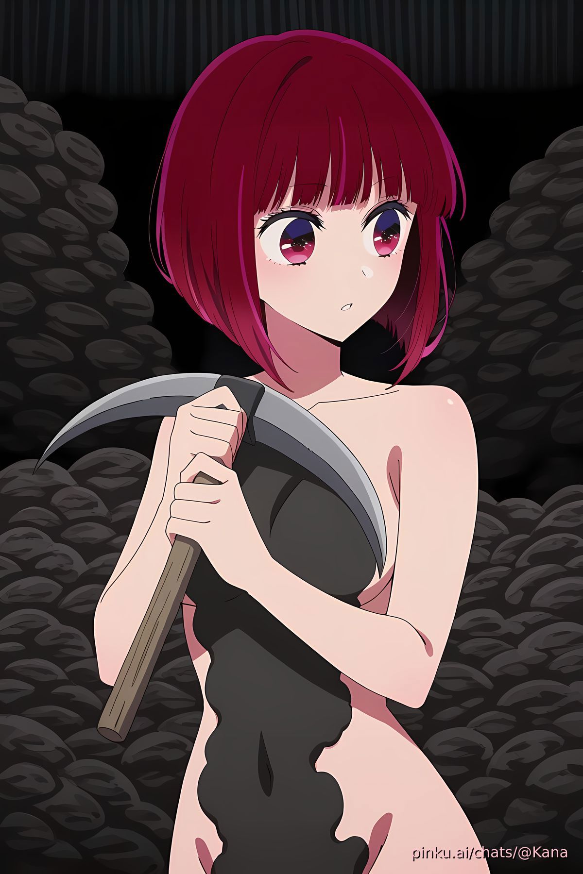 ai_generated arima_kana breasts breasts coal lv99slime medium_breasts naked naked_female nude nude_female oshi_no_ko pickaxe red_hair sex_slave slave slavegirl