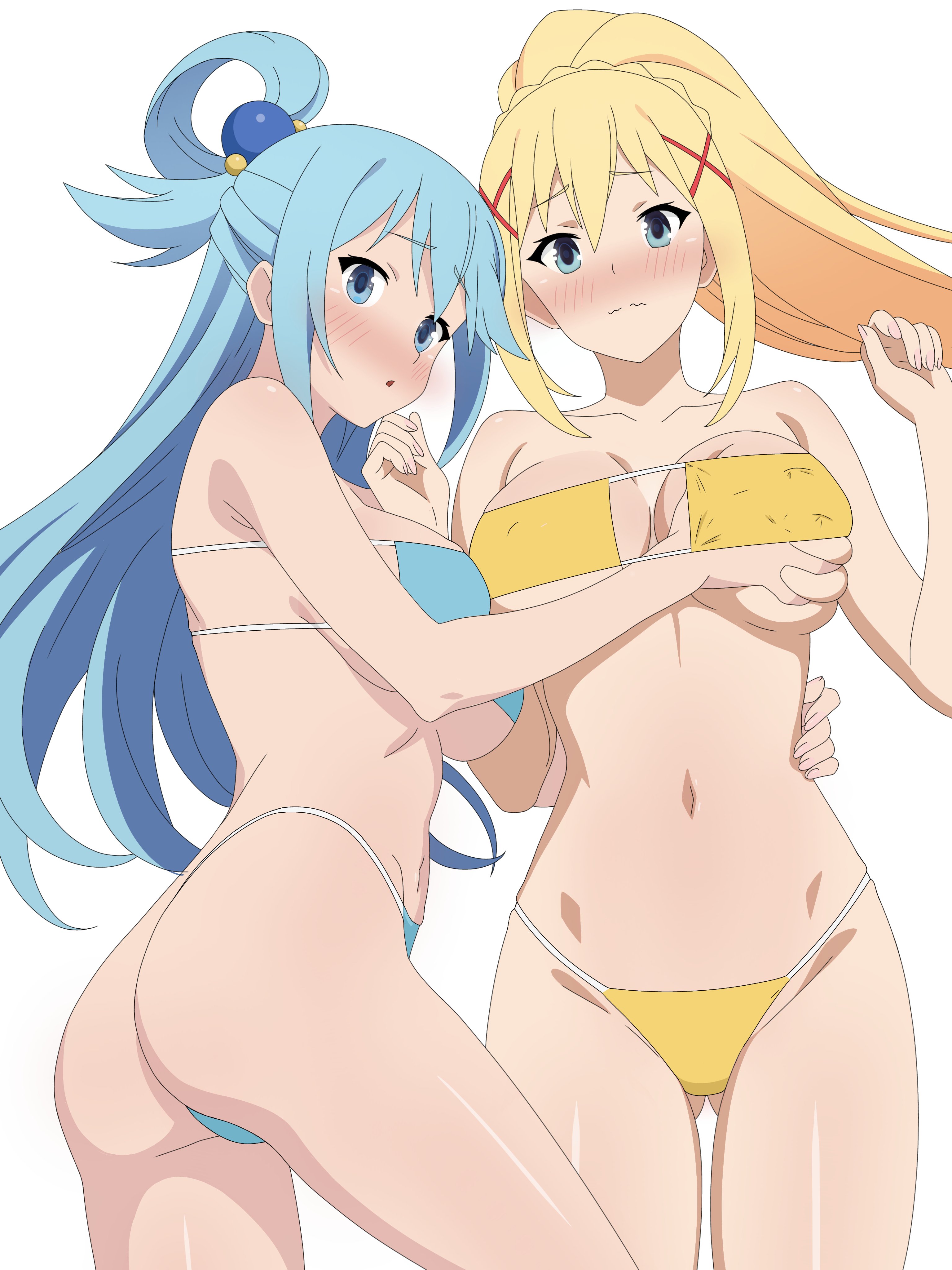 aqua (konosuba), ass, big ass, big breasts, big butt, big titties, bikini, blue eyes, blue hair, blush, breasts, clothing, curvaceous, curvaceous female, curvaceous figure, curvy, curvy figure, curvy hips, darkness (konosuba), female, female focus, female only, frixtied, kono subarashii sekai ni shukufuku wo!, long hair, looking at viewer
