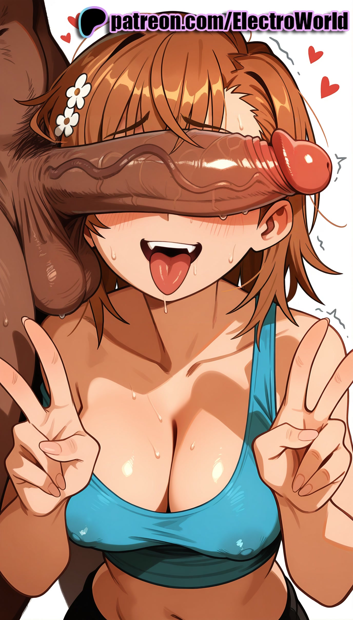 1boy, 1girls, 2025, ai generated, artist name, balls, breasts, bust, chest, cleavage, cock, dark skin, dark-skinned male, dick, double v, double w, electroworld, erection, female, heart, hi res, high quality, high resolution, highres, huge cock, large balls, large penis, large testicles, male, misaka mikoto, navel, patreon, patreon username, penis, penis awe, penis on face, precum, stable diffusion, straight, sweat, testicles, to aru kagaku no railgun, to aru majutsu no index, tongue, tongue out, trembling, twitching penis, uncensored, v, veins, veiny penis, w, watermark
