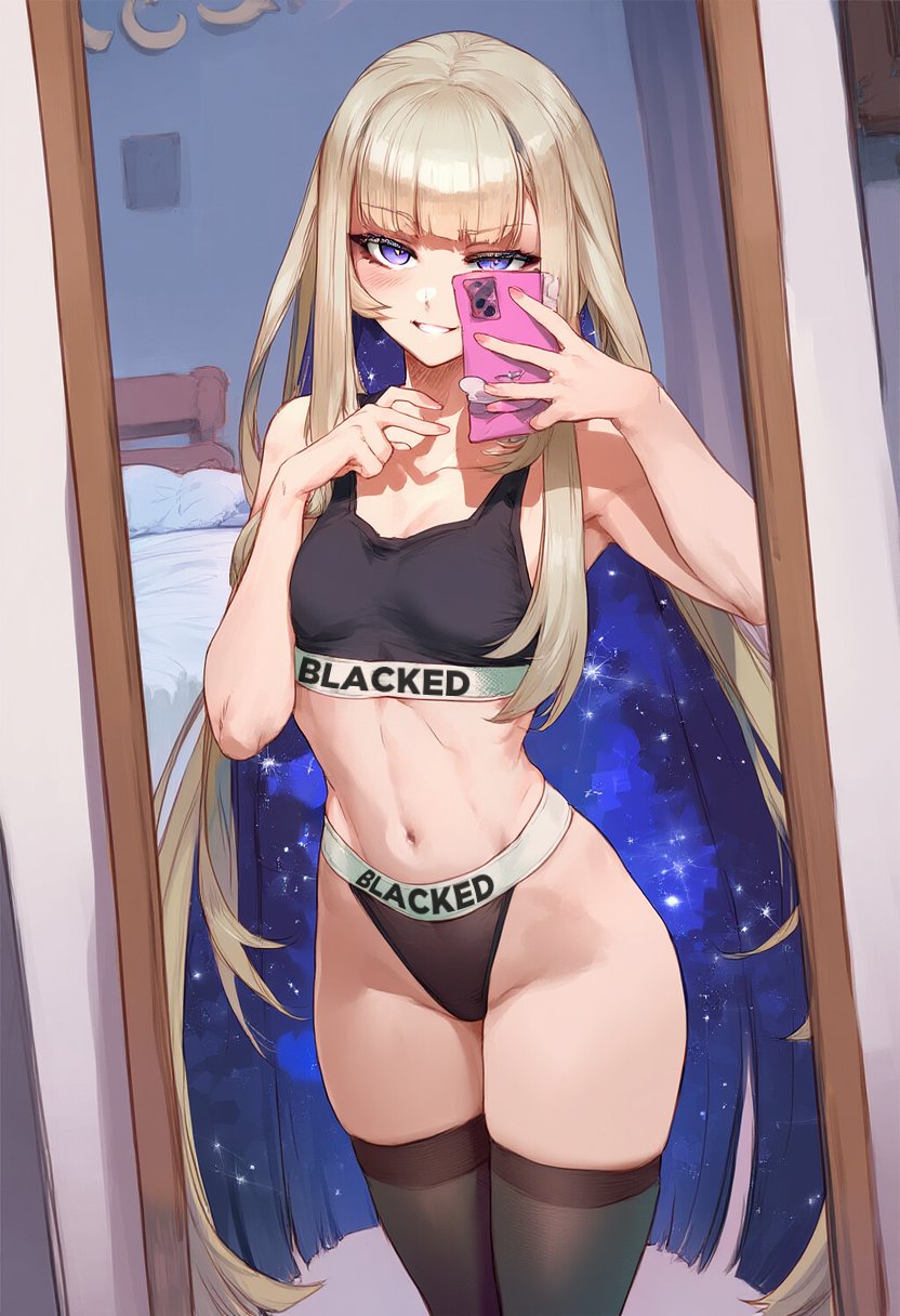 1girls, ai generated, amanogawa shiina, blacked, blacked clothing, blonde hair, blue eyes, dark skin, dark-skinned male, female, female only, geo-san, geosan, light skin, light-skinned female, male, phase connect, selfie, smile, underwear, v, virtual youtuber