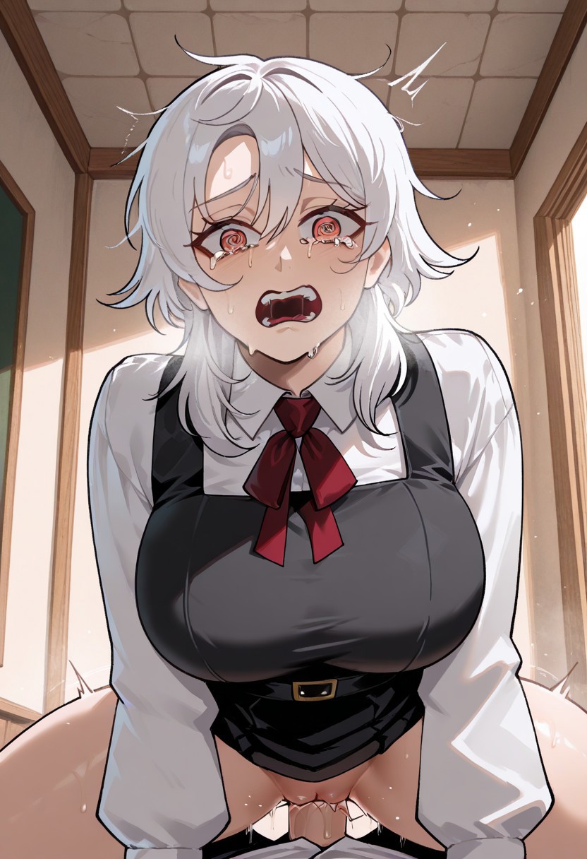 1boy, 1girls, ai generated, blush lines, chainsaw man, crying, digbyai, fami (chainsaw man), female, female focus, looking at viewer, male, sex, tagme, white hair