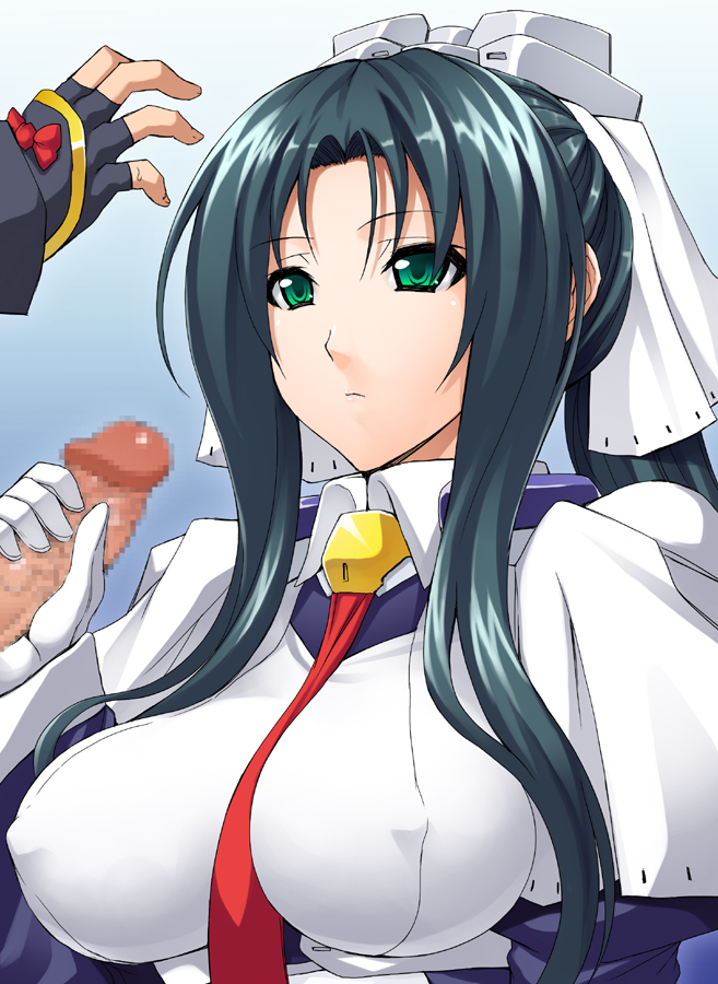 black_hair bow breasts censored erect_nipples fingerless_gloves gloves green_eyes handjob kyoukaisenjou_no_horizon large_breasts long_hair maid mosaic_censoring musashi_(horizon) necktie penis somejima