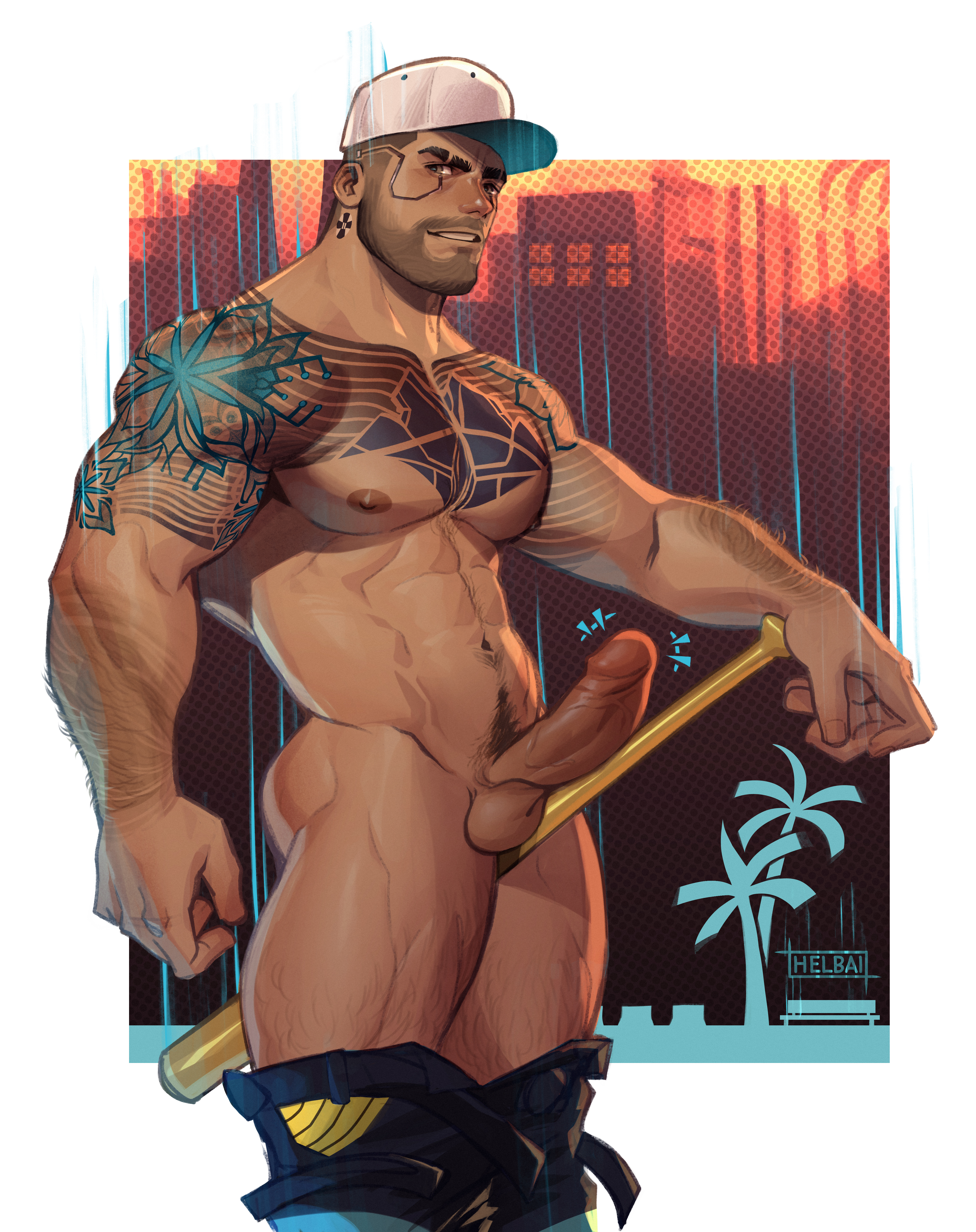 1boy, abs, balls, bara, biceps, big balls, big penis, cyberpunk 2077, erection, helbai, male, male nipples, male only, masculine male, muscular, muscular male, nipples, nude, pecs, penis, solo, v (cyberpunk 2077), whyhelbram, yaoi