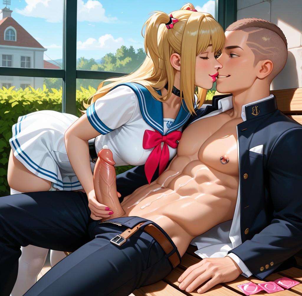 abs ai_generated big_penis cfnm clothed_female_nude_male cock condom cum death_note male male_nipples misa_amane public school_uniform schoolgirl sexy_body tagme