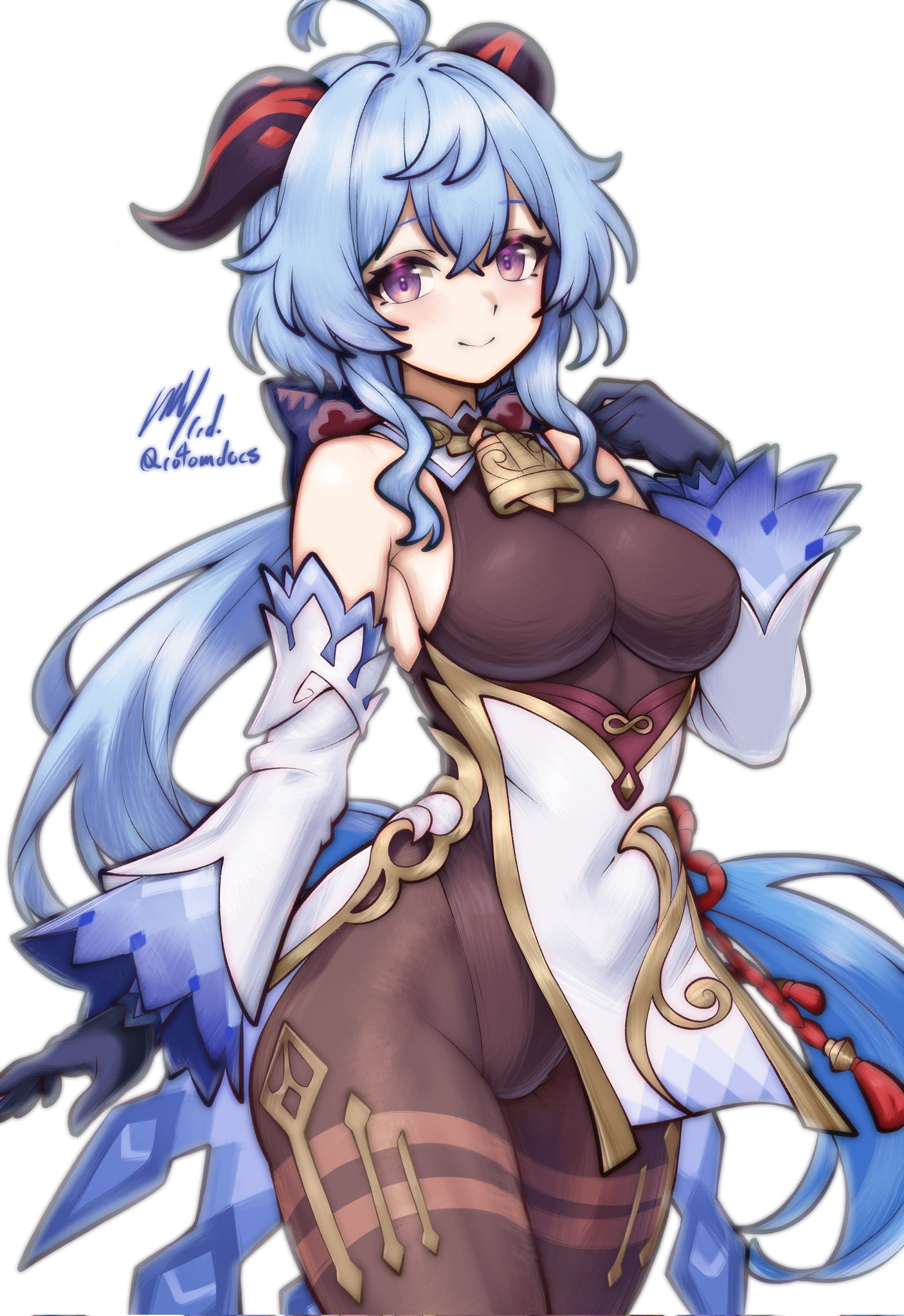 blue hair, breasts, female, ganyu (genshin impact), genshin impact, horns, large breasts, red eyes, rotomdocs, tagme, wide hips