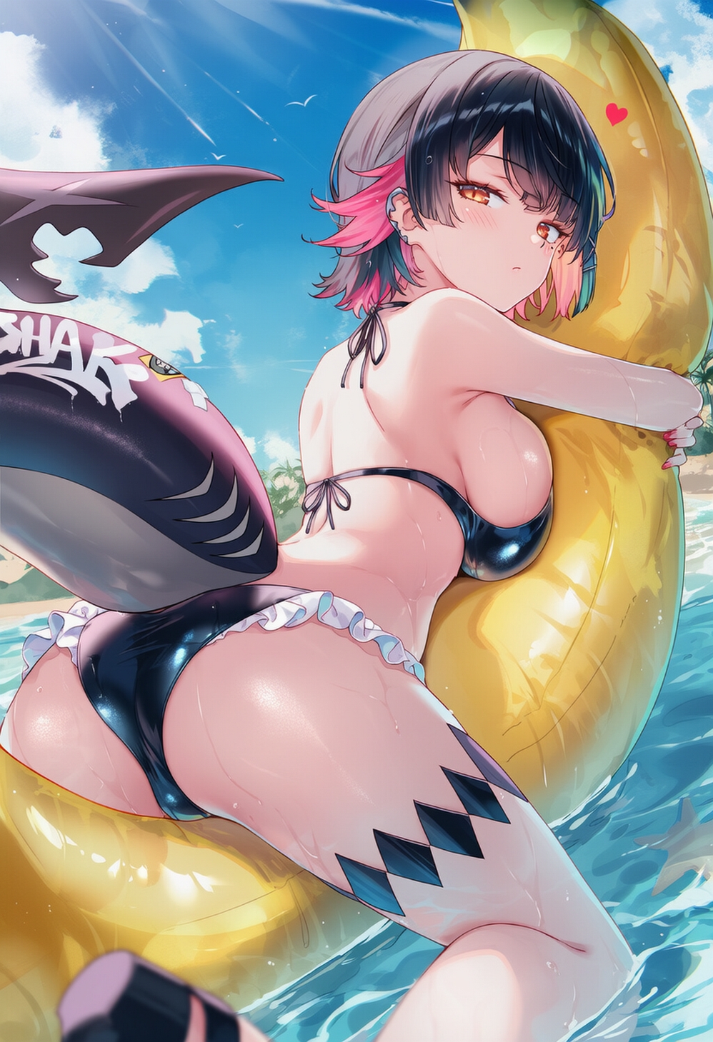 ai generated, ass, ass focus, back view, bikini, daytime, ellen joe, female, female focus, female only, floatie, laying on stomach, neutral expression, raaicave, sky background, zenless zone zero