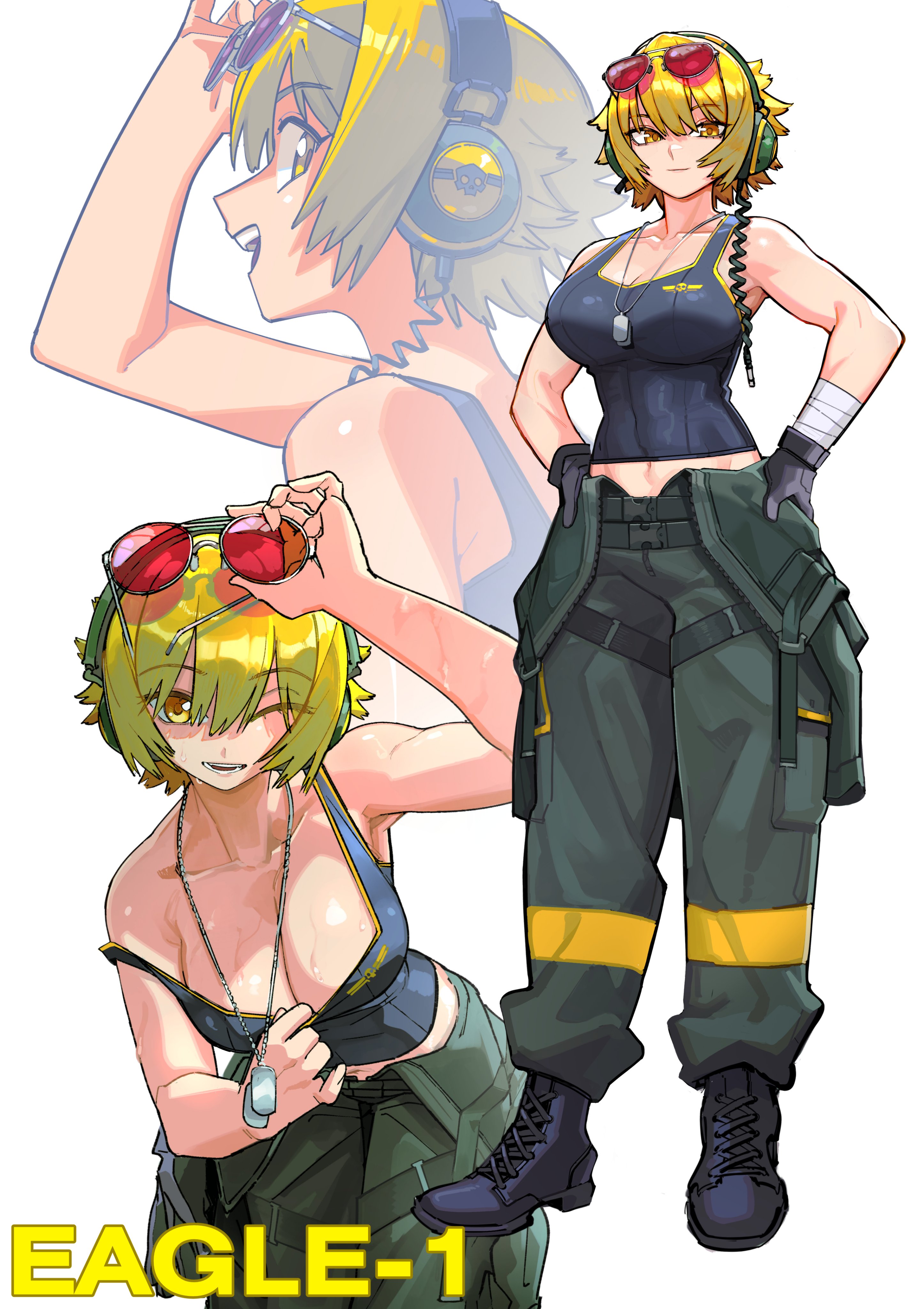 1girls, aviator sunglasses, big breasts, blonde hair, boots, breasts, cleavage, cleavage reach, dog tags, eagle-1 (helldivers), female, gloves, headset, helldivers, helldivers 2, large breasts, leaning forward, letro, looking at viewer, no bra, overalls, overalls down, red-tinted eyewear, short hair, solo, strap slip, sunglasses, sunglasses on head, sweat, sweaty, sweaty breasts, tank top, toned, toned female, wink, winking at viewer, yellow eyes