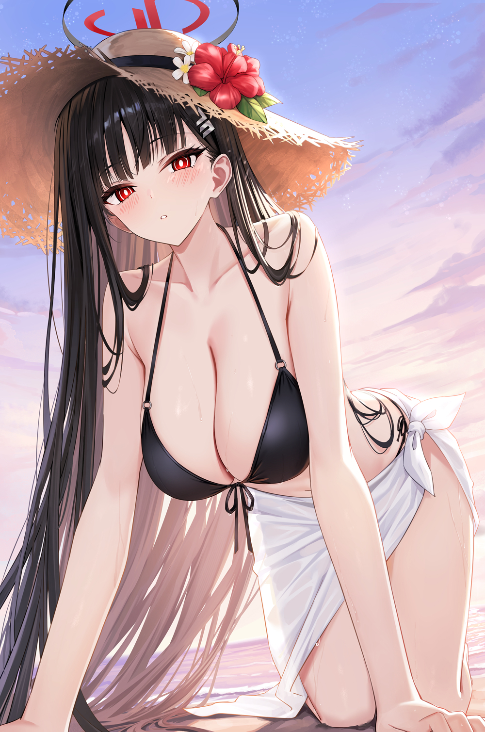 all_fours alternate_costume beach bikini black_bikini black_hair blue_archive blush breasts brown_hat cleavage collarbone commentary day female flower hair_ornament hairpin halterneck hat hat_flower highres large_breasts long_hair looking_at_viewer o-ring o-ring_bikini o-ring_top ocean outdoors red_eyes red_flower rio_(blue_archive) rong_yi_tan sarong side-tie_bikini_bottom solo straw_hat string_bikini sun_hat swimsuit thighs very_long_hair wet white_sarong