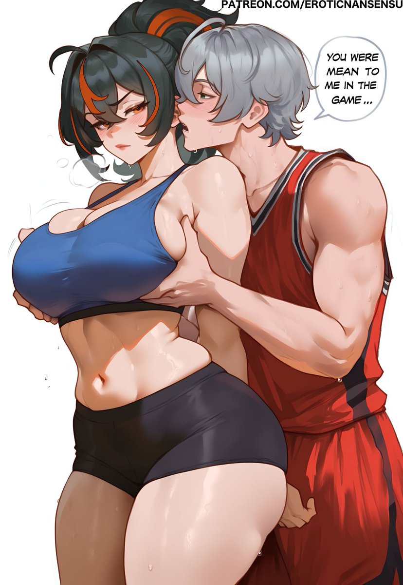 1boy, 1girls, 2025, 2d, 2d (artwork), ai assisted, ai generated, artist name, ass, breast grab, breasts, cleavage, color, english text, erotic nansensu, female, large breasts, light skin, light-skinned female, male, patreon, patreon username, text, thick thighs, thighs, watermark, wide hips, wise (zenless zone zero), zenless zone zero, zhu yuan