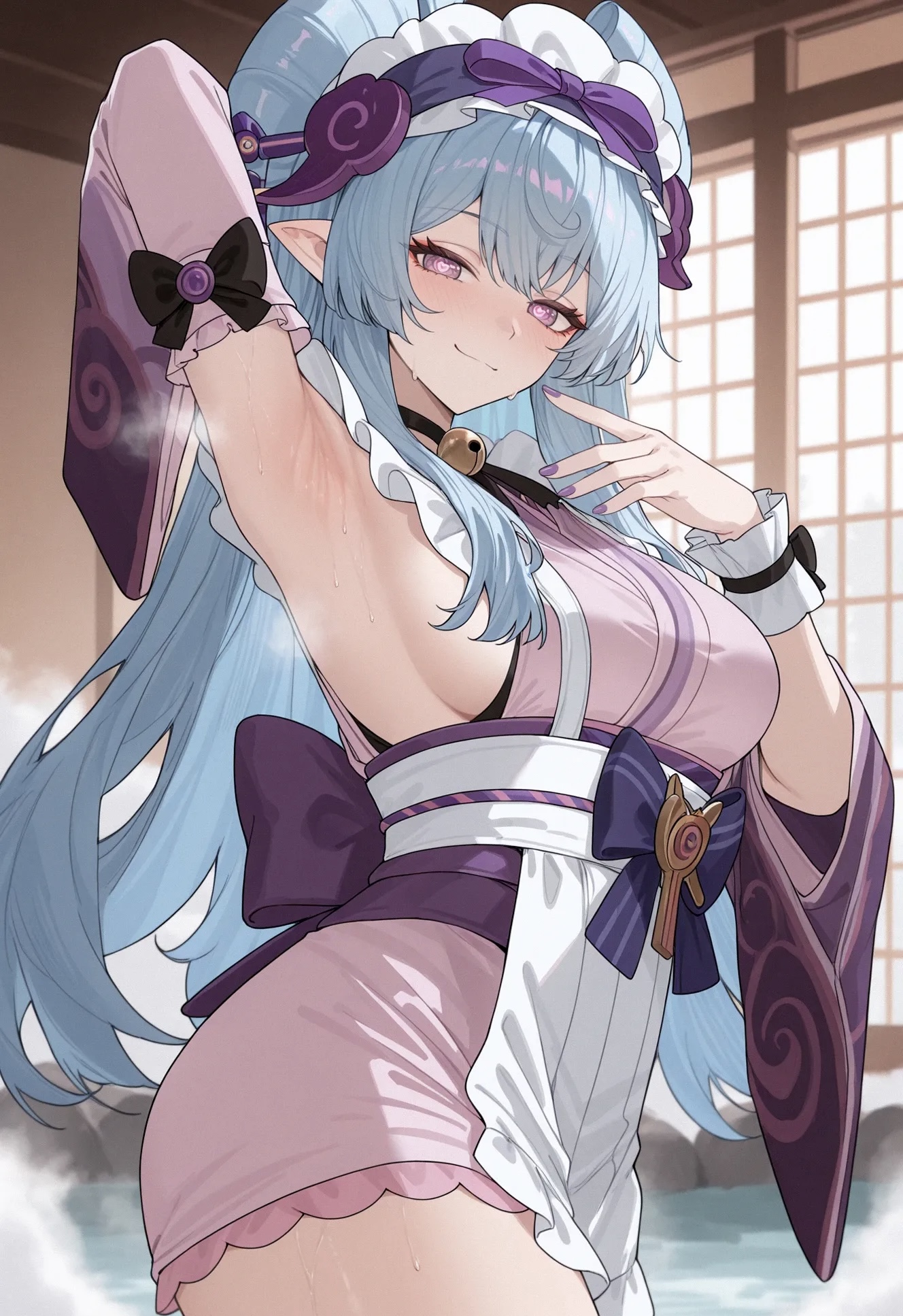 ai generated, armpits, big breasts, blue hair, breasts, female, genshin impact, hair between eyes, hair ornament, heart-shaped pupils, hoyoverse, hypnotic eyes, long hair, looking at viewer, mihoyo, mihoyo technology (shanghai) co. ltd., mischievous smile, pink clothing, pink eyes, purple clothing, purple nails, raising arm, sideboob, sweat, sweaty, sweaty body, sweaty thighs, thighs, tight clothing, tight dress, wristwear, yumemizuki mizuki