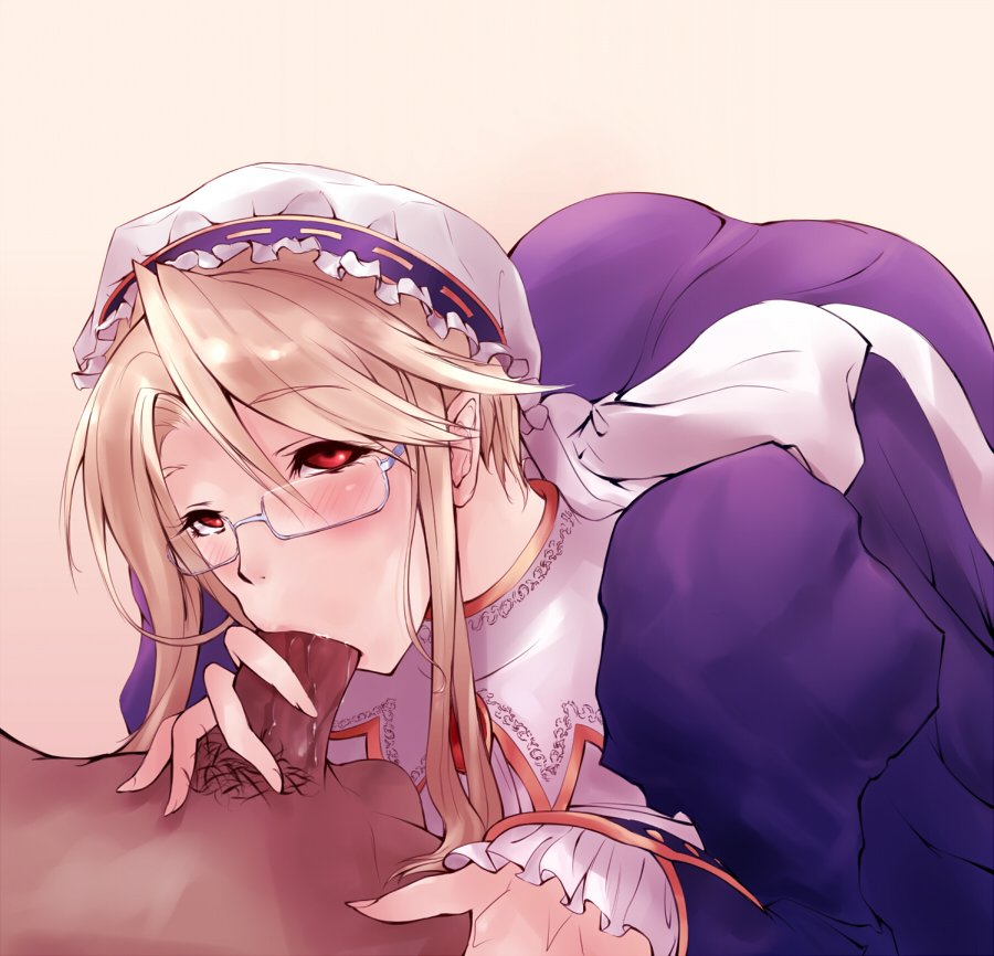 blonde_hair fellatio glasses looking_up male_pubic_hair negresco oral penis pubic_hair red_eyes shalon_(yns) uncensored yuukyuu_no_sharin