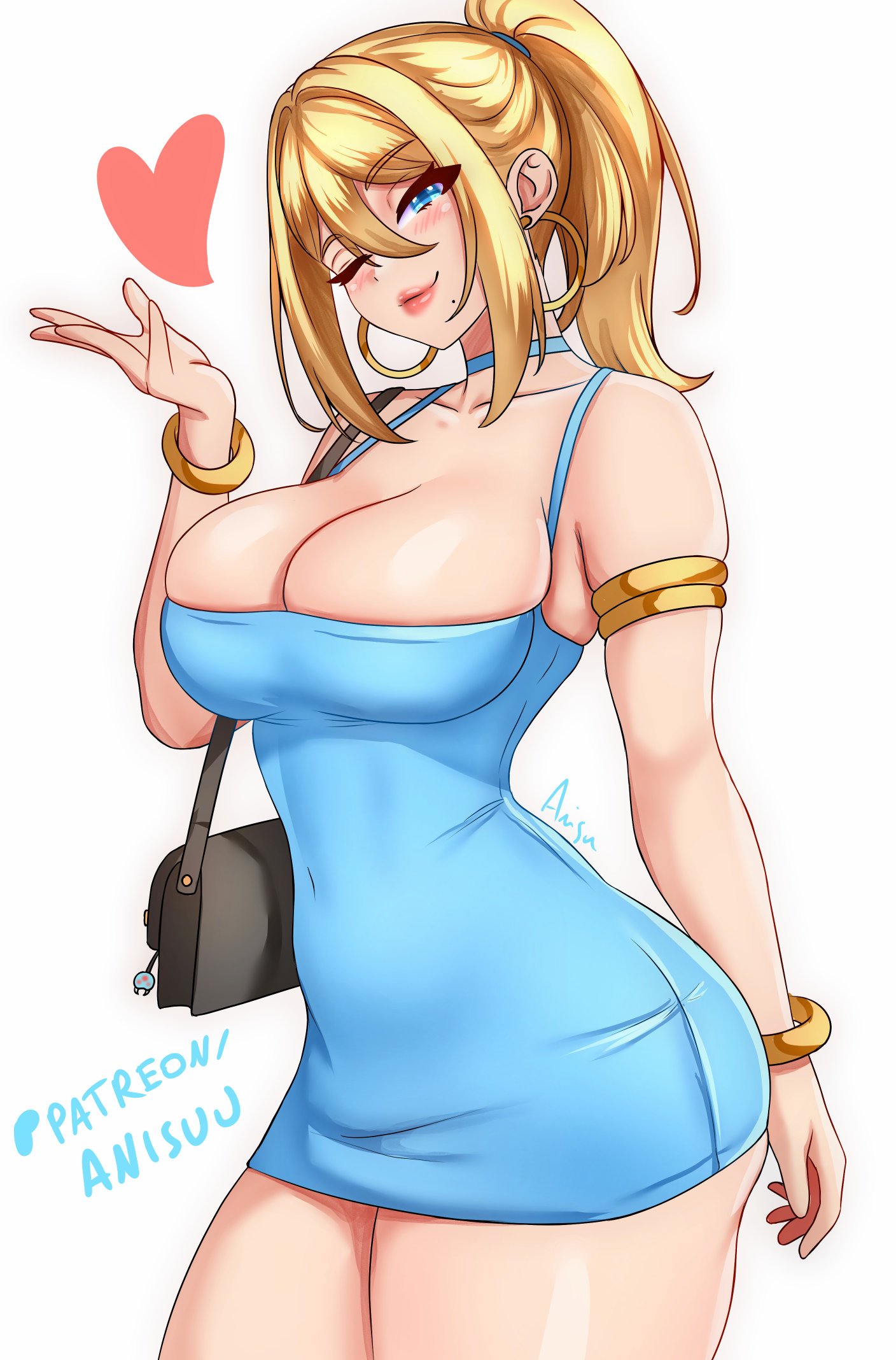 1girls, absurd res, anisdrawn, ass, bimbo, breasts, cleavage, dress, female, female focus, female only, hi res, large breasts, light skin, light-skinned female, looking at viewer, metroid, one eye closed, ponytail, samus aran, short dress, solo, thick thighs, thighs, tight dress