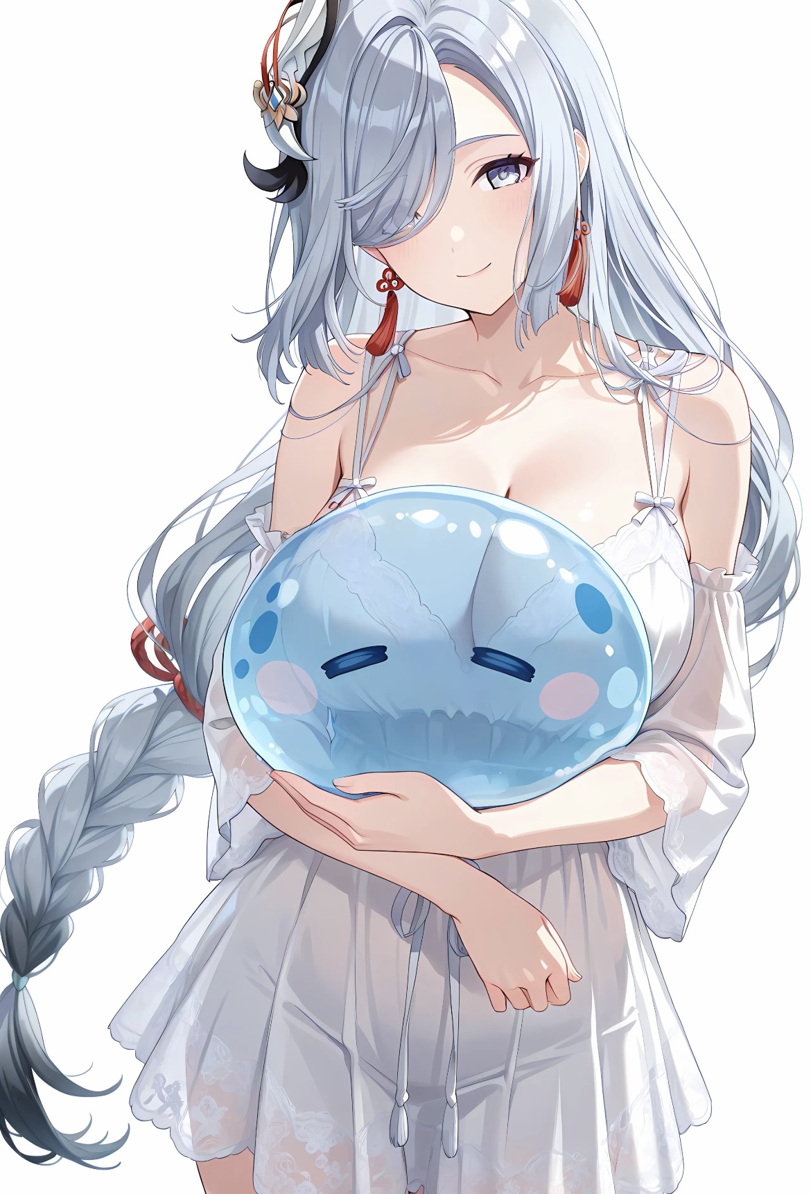 ai generated, blue eyes, breasts, earrings, female, genshin impact, hair ornament, hair over one eye, holding object, hoyoverse, lace, light skin, light-skinned female, long hair, mihoyo, mihoyo technology (shanghai) co. ltd., nightgown, pale skin, pale-skinned female, shenhe (genshin impact), sleepwear, slime, smile, thighs, tummy, white background, white hair