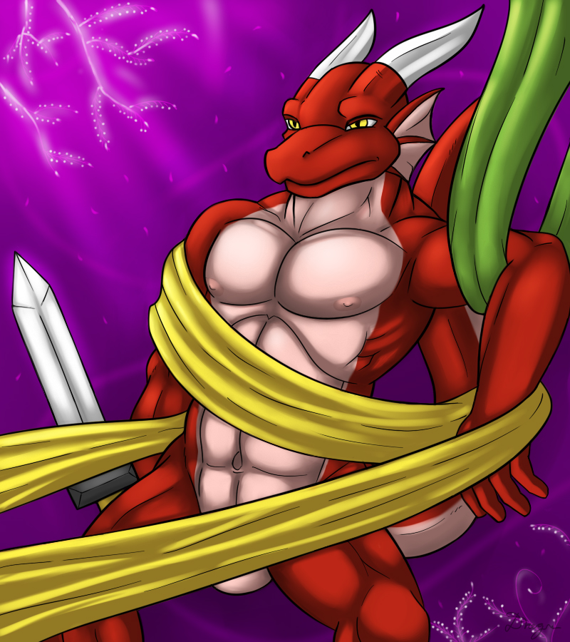 1boy abs balls biceps bound dragon dregna horn male male_only muscles nipples nude pecs pose scales solo standing sword swordman warrior weapon yellow_eyes