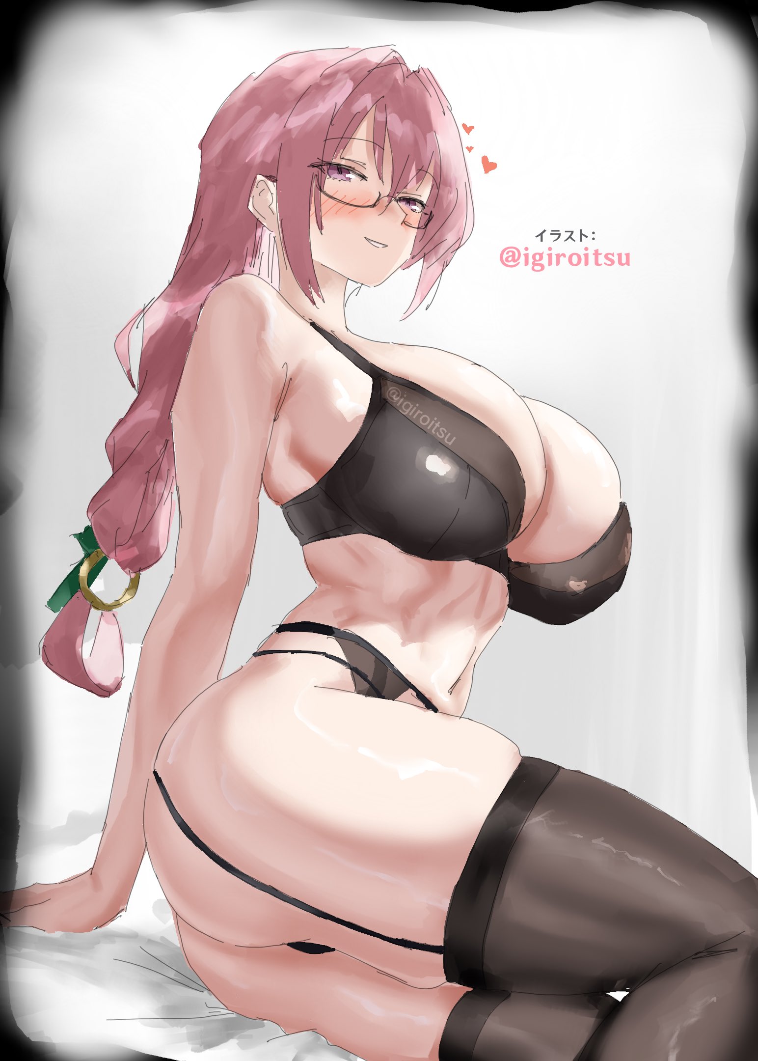 1girls, artist name, big breasts, black bra, black panties, black thighhighs, blush, bottomwear, bra, breasts, cleavage, ear piercing, earrings, eyewear, female, female only, garter belt, garter straps, glasses, hair, heart, huge breasts, igiroitsu, legwear, lingerie, long hair, panties, pink hair, purple eyes, smile, solo, solo female, thick thighs, thighhighs, thighs, topwear, tsukishiro yanagi, zenless zone zero