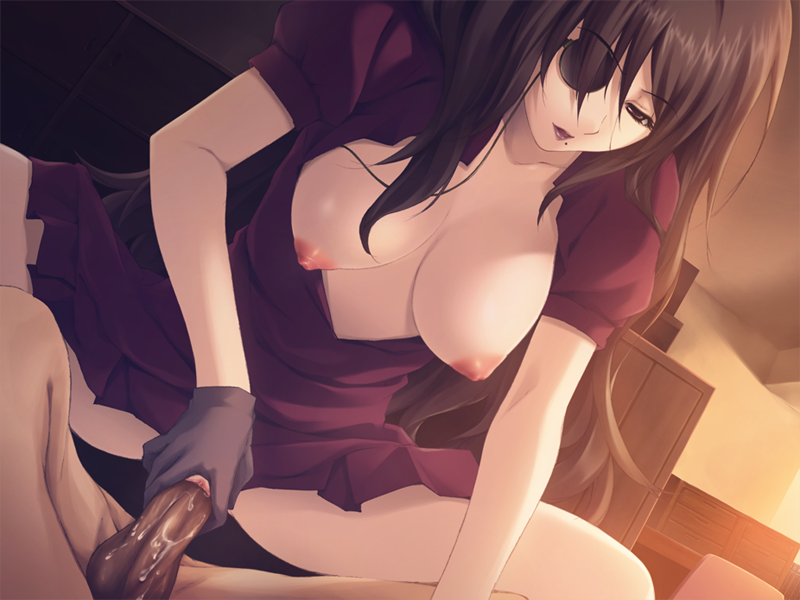 breasts brown_hair cowgirl_position dress eye_patch female game_cg gloves hair innocent_grey kara_no_shoujo large_breasts long_hair mole monocle natsume-san nipples no_bra no_panties penis uncensored