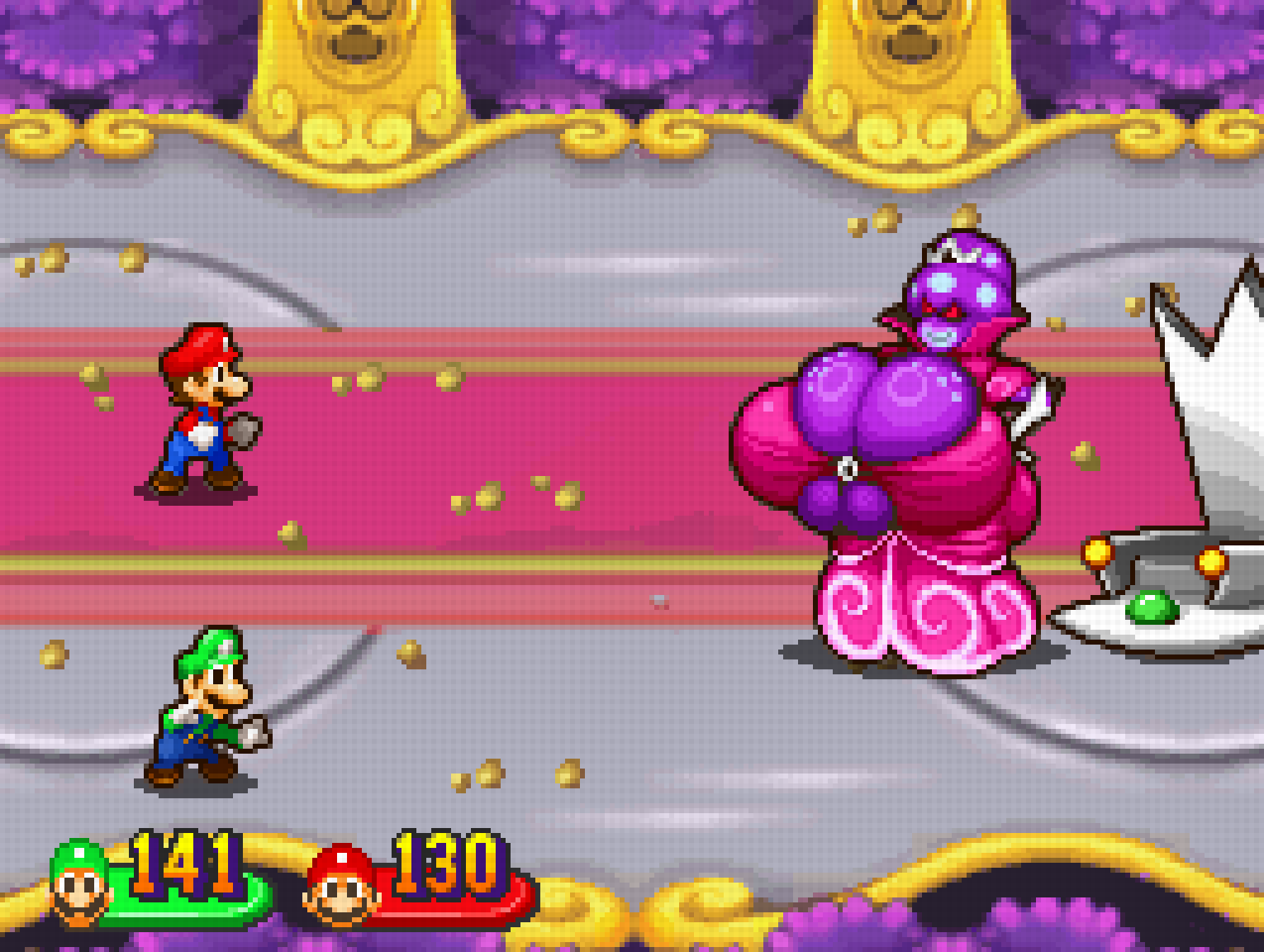 1girls 2boys accurate_art_style alien alien_girl boss_fight boss_monster bra breasts_bigger_than_head cleavage clothed edit edited female fight huge_ass hyper_breasts luigi male mario mario_(series) mario_and_luigi_(series) no_bra numbers pixel_art princess_shroob purple_body revealing_clothes shroob submarichamomi2 teasing underboob