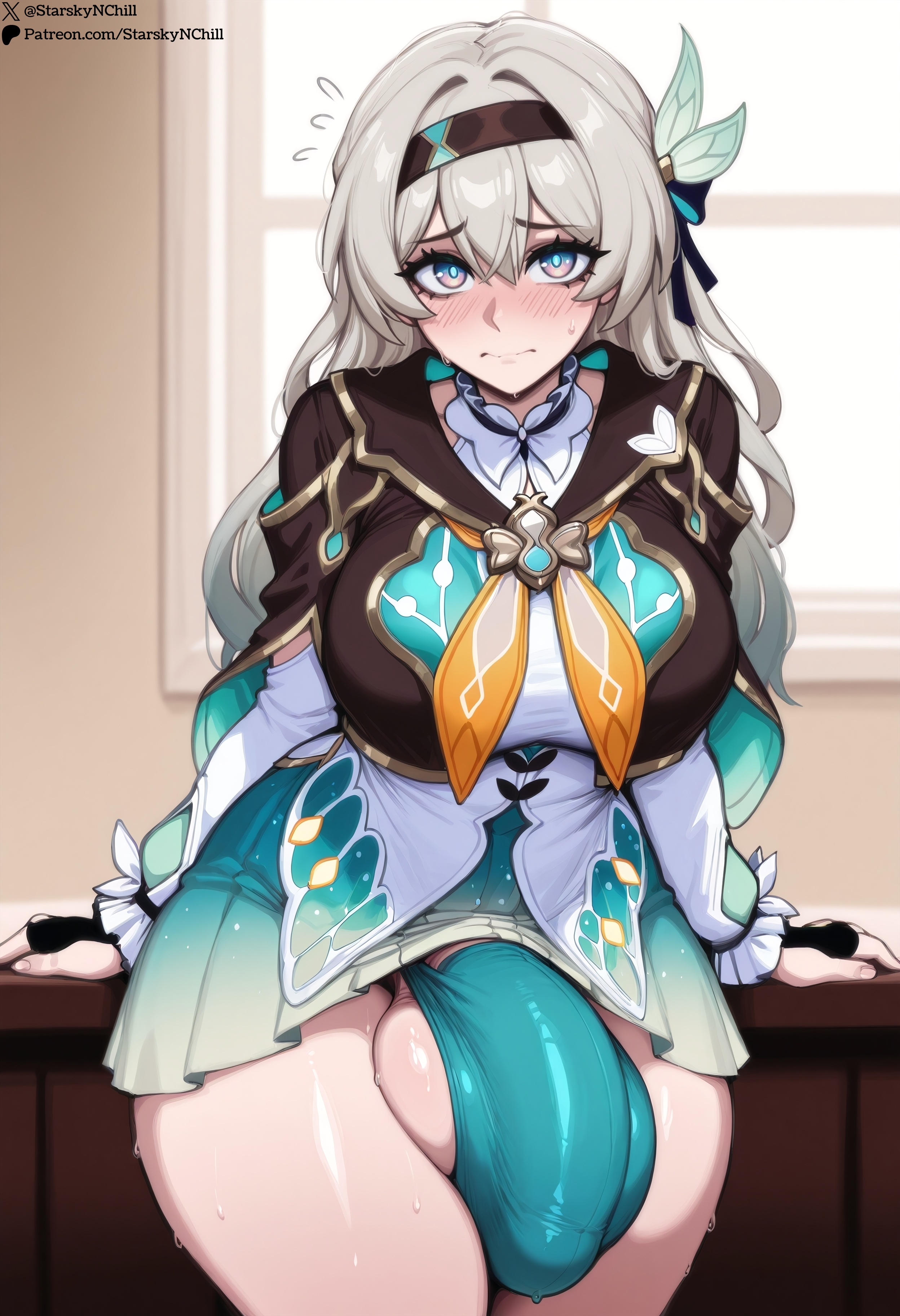 1futa, ai generated, balls, blush, breasts, bulge, embarrassed, firefly (honkai: star rail), futanari, honkai: star rail, huge balls, huge breasts, huge cock, intersex, looking at viewer, nervous sweat, panty bulge, penis, self upload, solo, starskyai, sweat, thick thighs