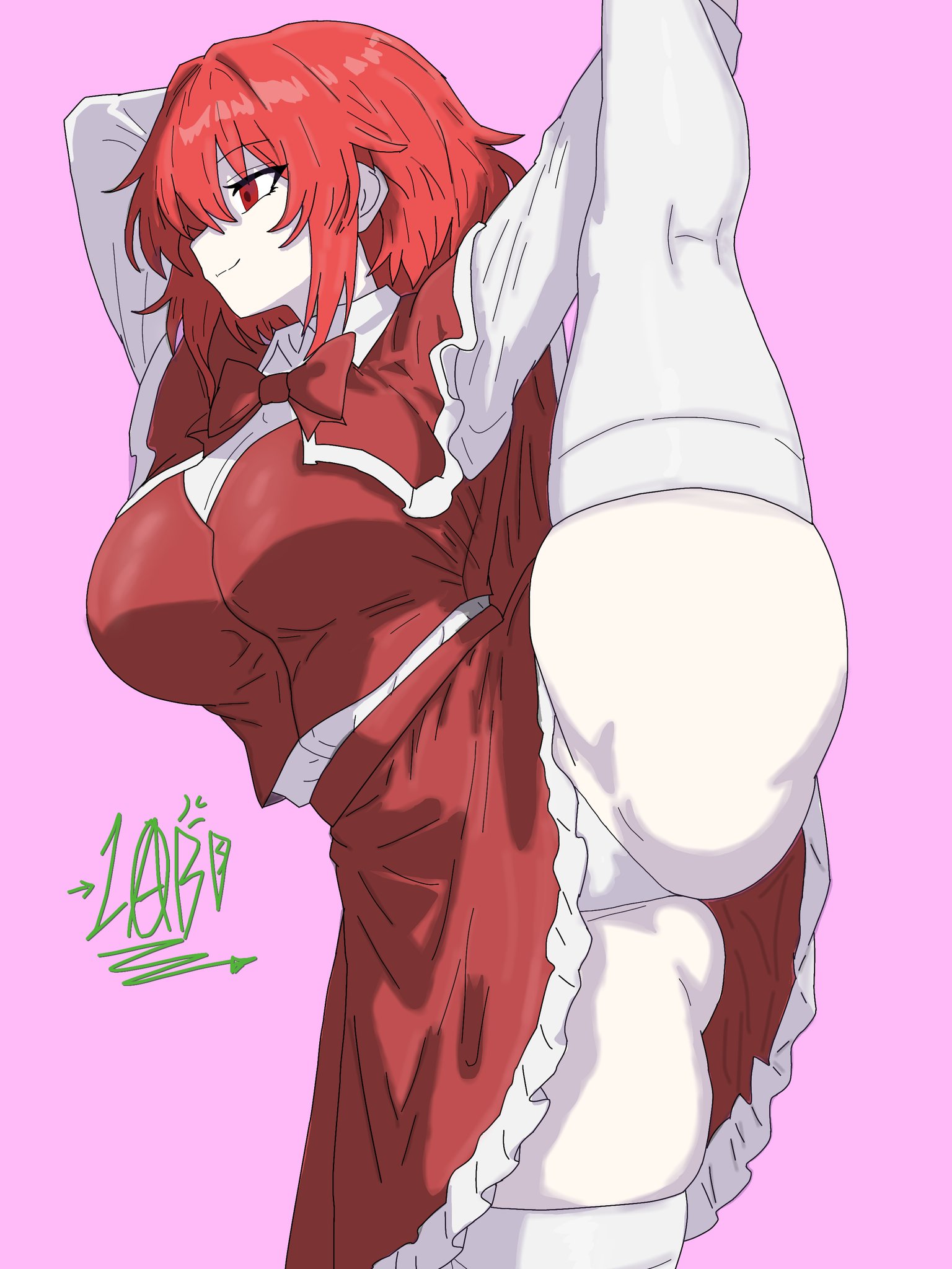 1girls, 2d, artist signature, ass, big ass, big breasts, bowtie, breasts, cape, clothed, drawlab33t, exposed panties, female, flexible, flexible female, frilled skirt, leg grab, leg up, long hair, looking pleasured, looking to the side, okazaki yumemi, panties, pink background, red cape, red eyes, red hair, red skirt, red vest, shirt, skirt, smile, solid color background, solo, source, splits, stretching, thick thighs, thighhighs, thighs, touhou, touhou (pc-98), underwear, vertical splits, vest, voluptuous, white panties, white shirt, white thighhighs, yumemi okazaki