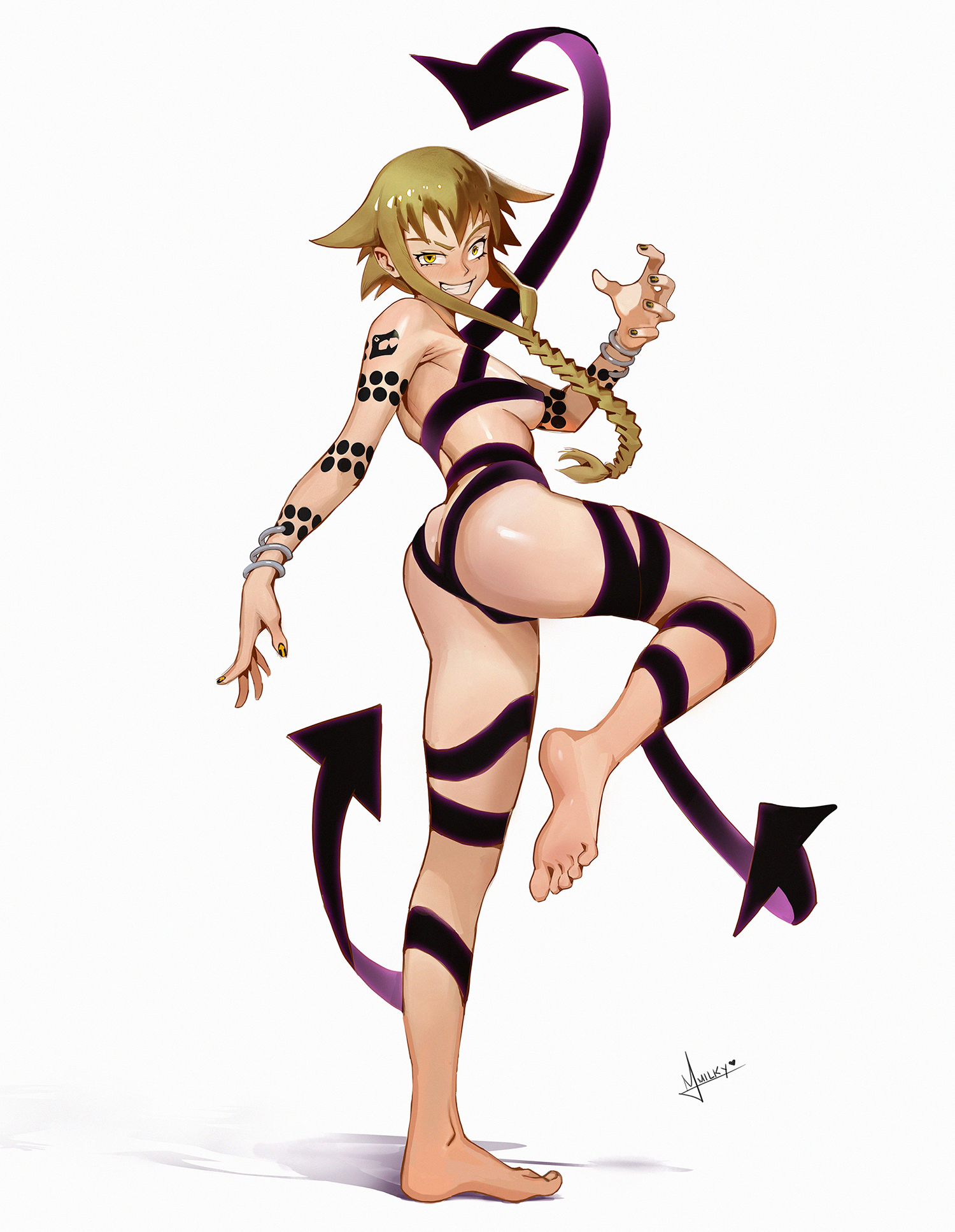 1girls, 2025, 2d, 2d (artwork), ass, big ass, blonde female, blonde hair, breasts, digital drawing (artwork), digital media (artwork), feet, female, female focus, female only, foot up, medium breasts, medusa gorgon, mimi milky, pose, posing, presenting, presenting ass, showing off, sideboob, simple background, soul eater, thick ass, thick thighs, watermark, white background