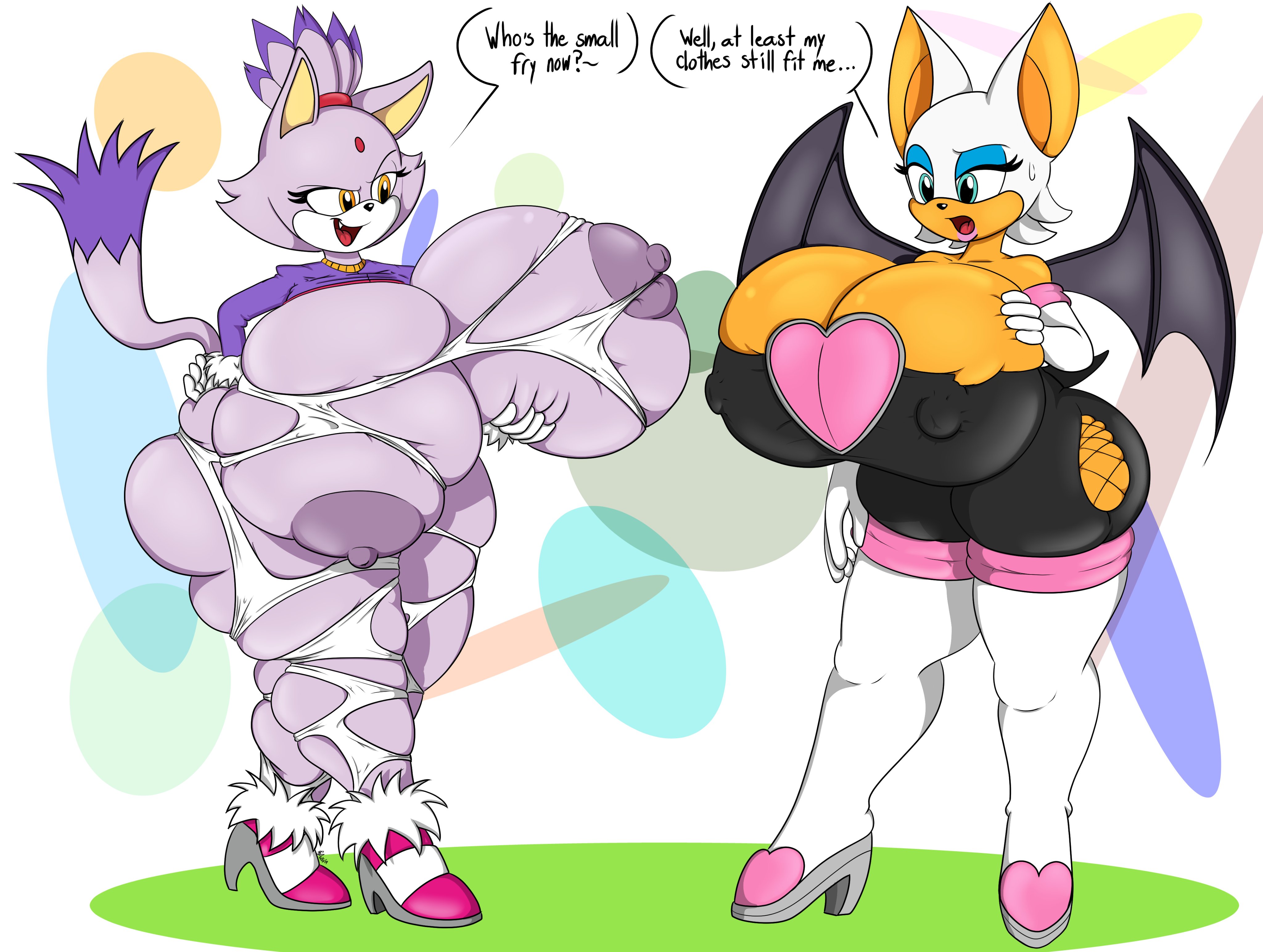 ass, ass expansion, bennygeez, big ass, big breasts, blaze the cat, breast expansion, breast growth, breast growth (enlargement), breasts, female, huge ass, huge breasts, large ass, large breasts, ripped clothing, ripping clothes, rouge the bat, sonic (series), sonic the hedgehog (series), thick thighs, thigh expansion