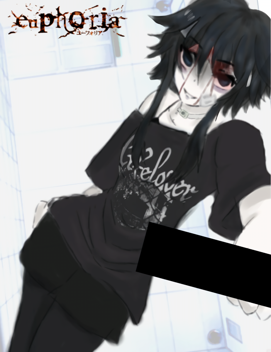 bandaged_head bandages black_hair black_thighhighs blood_from_forehead blue_eyes censored empty_eyes euphoria_(clockup) female highres lifelover long_hair long_sidelocks looking_at_viewer messy_hair nikasha-chan nikopilled88 non-web_source original safe_for_work scene_reference short_hair sidelocks skinny solo source_request thighhighs