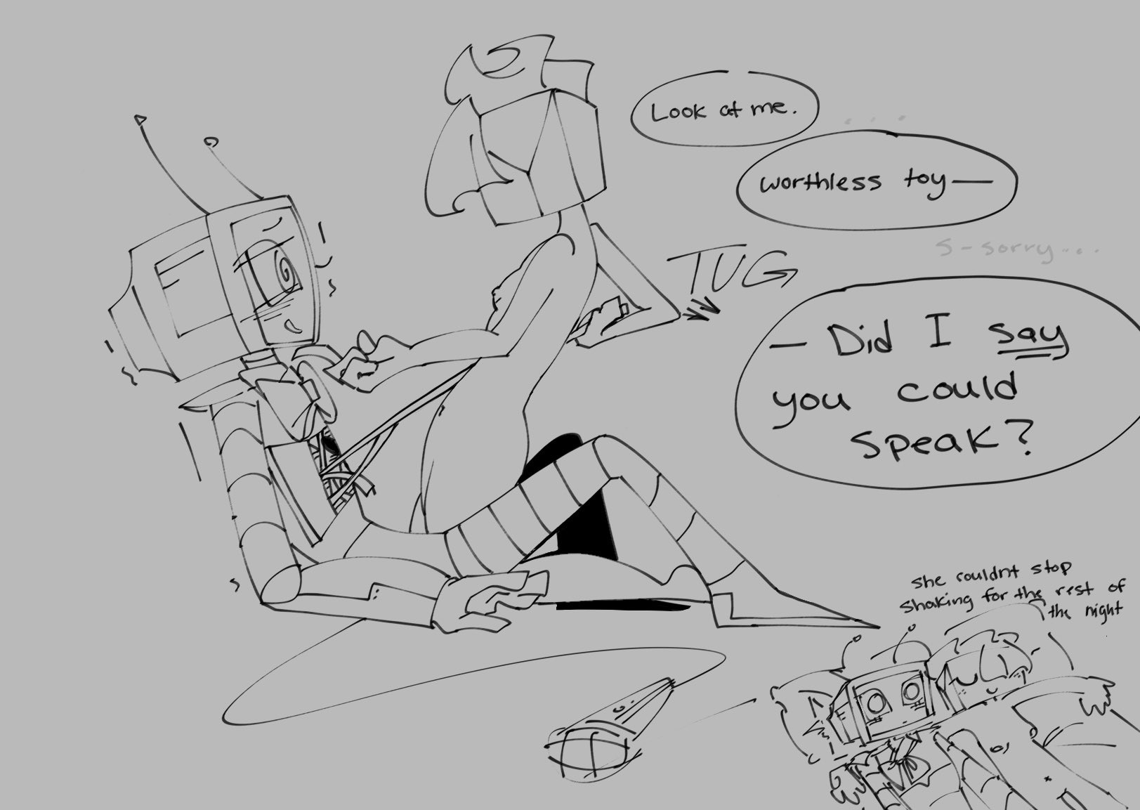 after sex, dandy's world, female, female only, femdom, lesbian, roblox, robot, robot girl, tisha (dandy's world), tv head, vee (dandy's world), wire, wireplay, wires