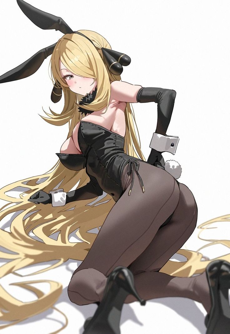 1girls, ai generated, ass, bunny ears, bunnysuit, cynthia (pokemon), female, high heels, looking at viewer, pantyhose, pokemon, pokemon dppt, solo